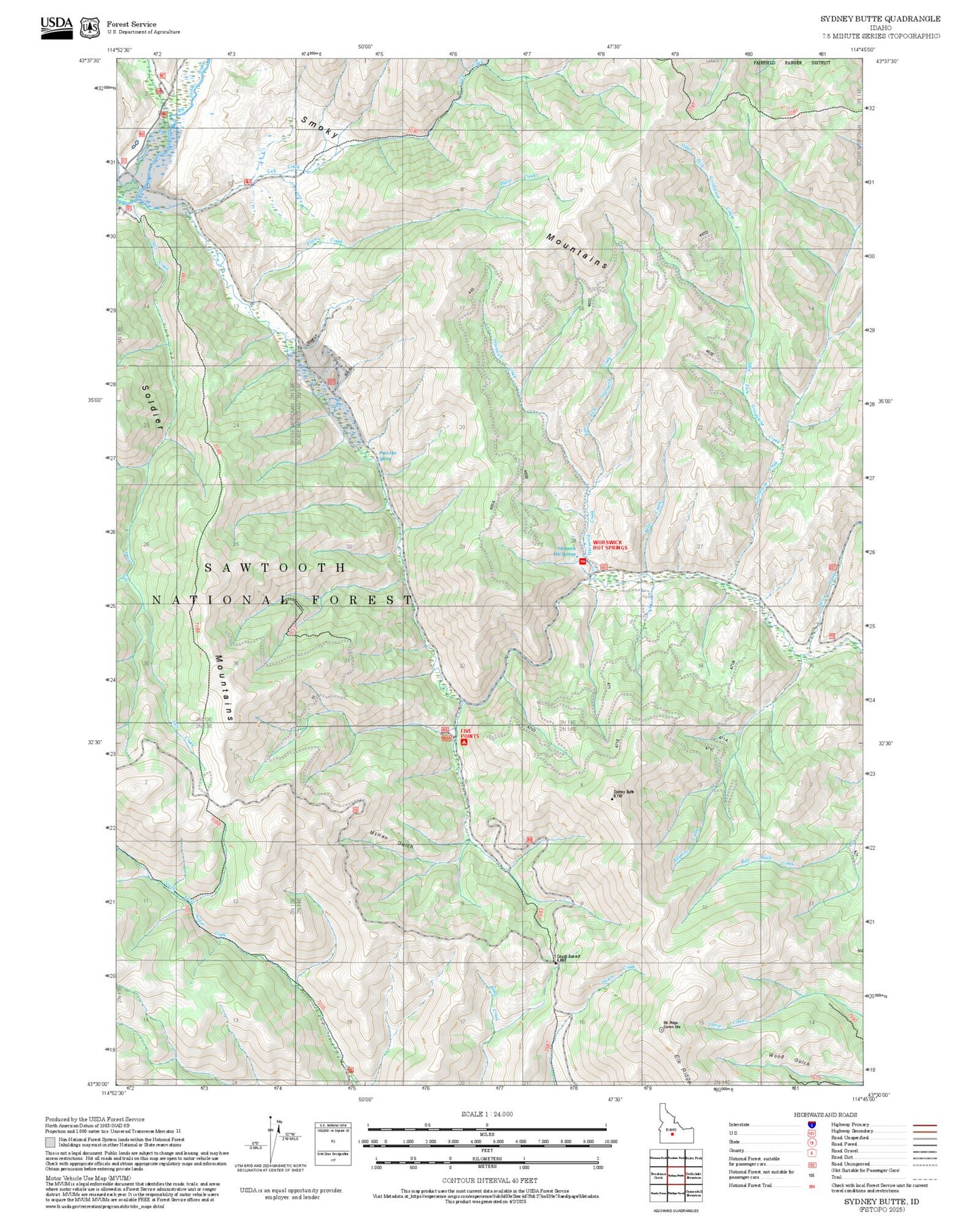 2025 Forest Service Topo Map of Sydney Butte Idaho