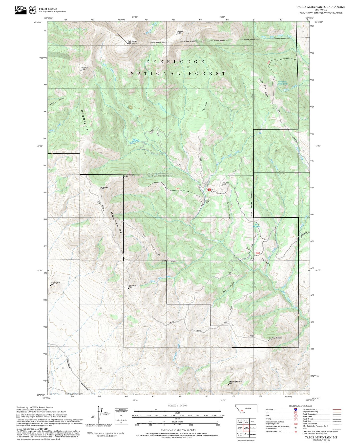 2025 Forest Service Topo Map of Table Mountain Montana