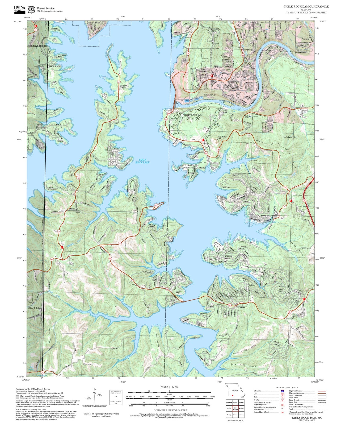 2025 Forest Service Topo Map of Table Rock Dam Missouri