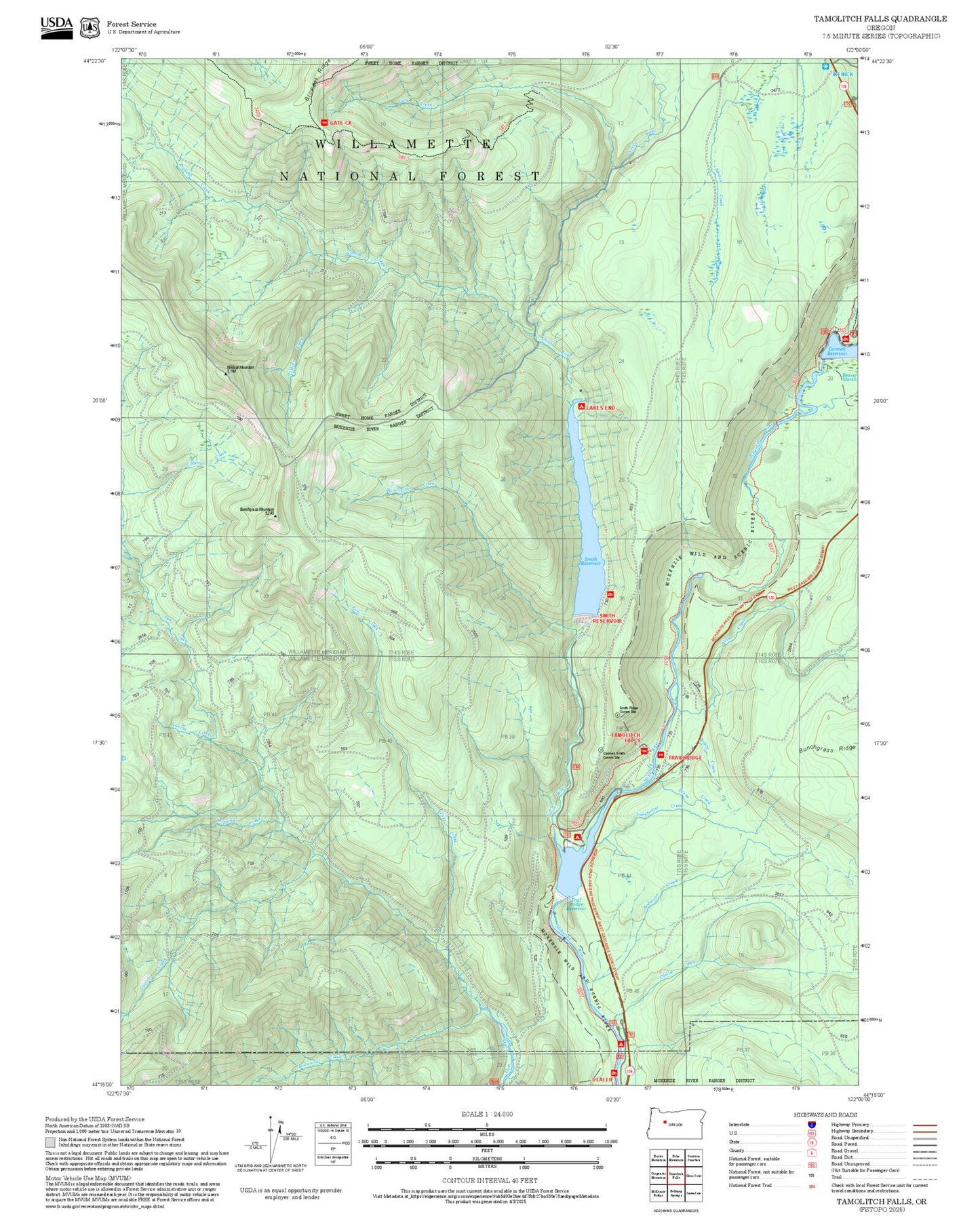 2025 Forest Service Topo Map of Tamolitch Falls Oregon
