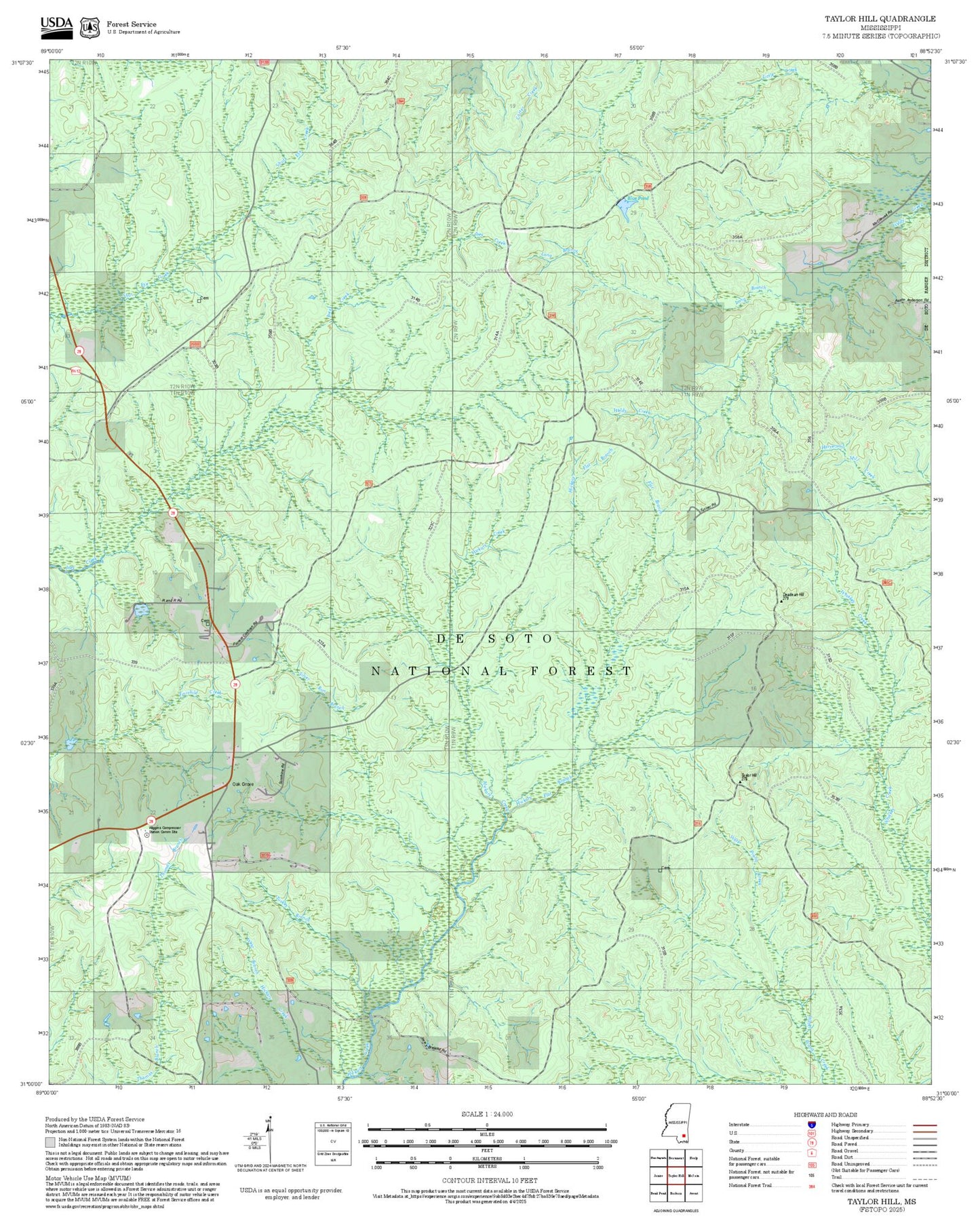 2025 Forest Service Topo Map of Taylor Hill Mississippi