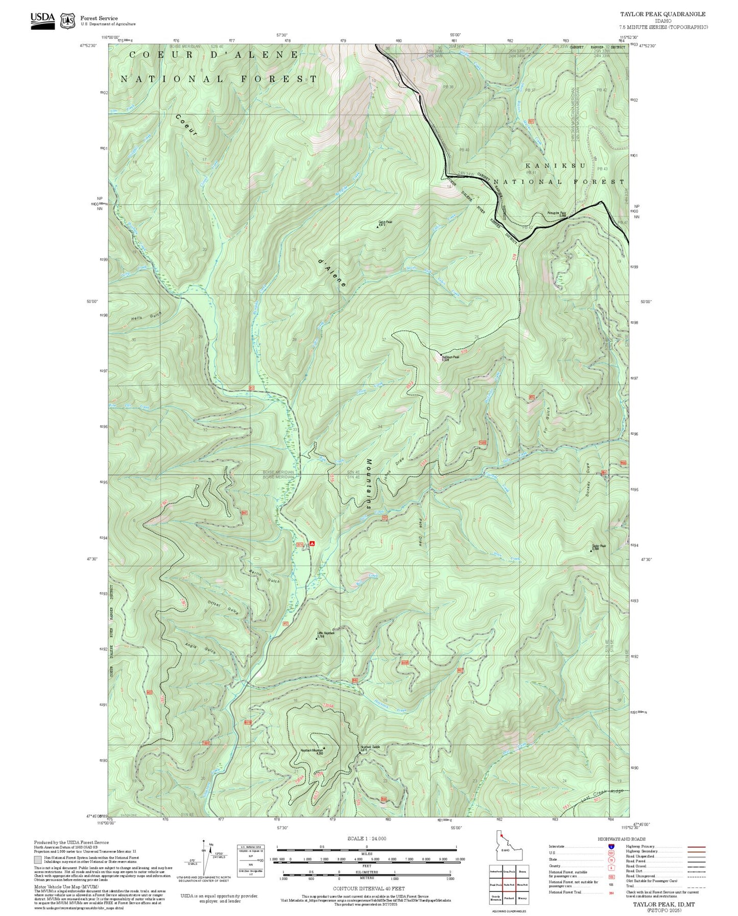 2025 Forest Service Topo Map of Taylor Peak Idaho