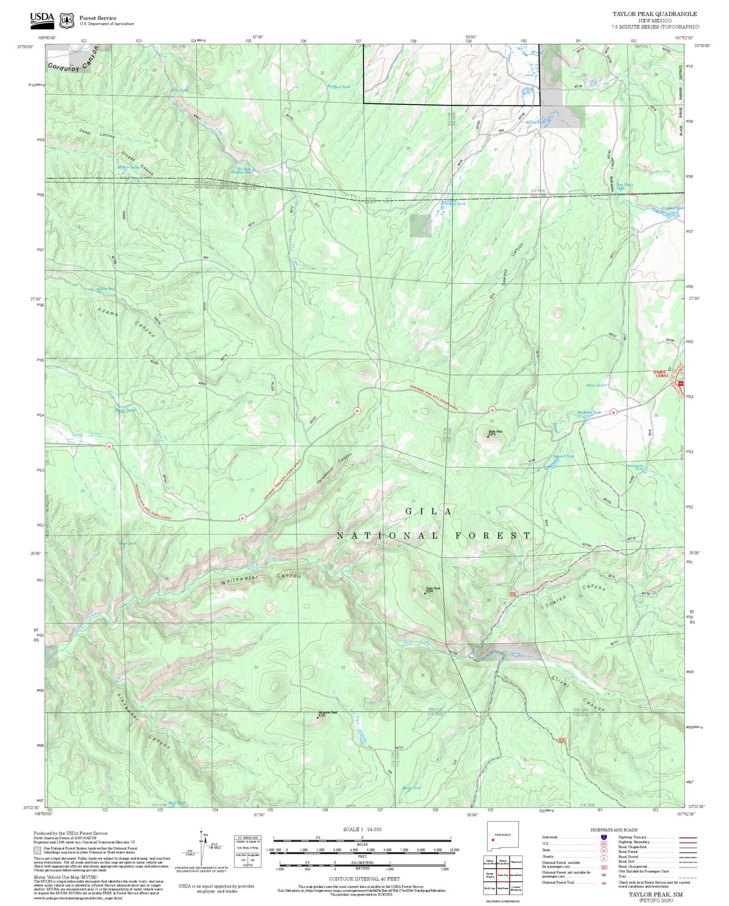 2025 Forest Service Topo Map of Taylor Peak New Mexico