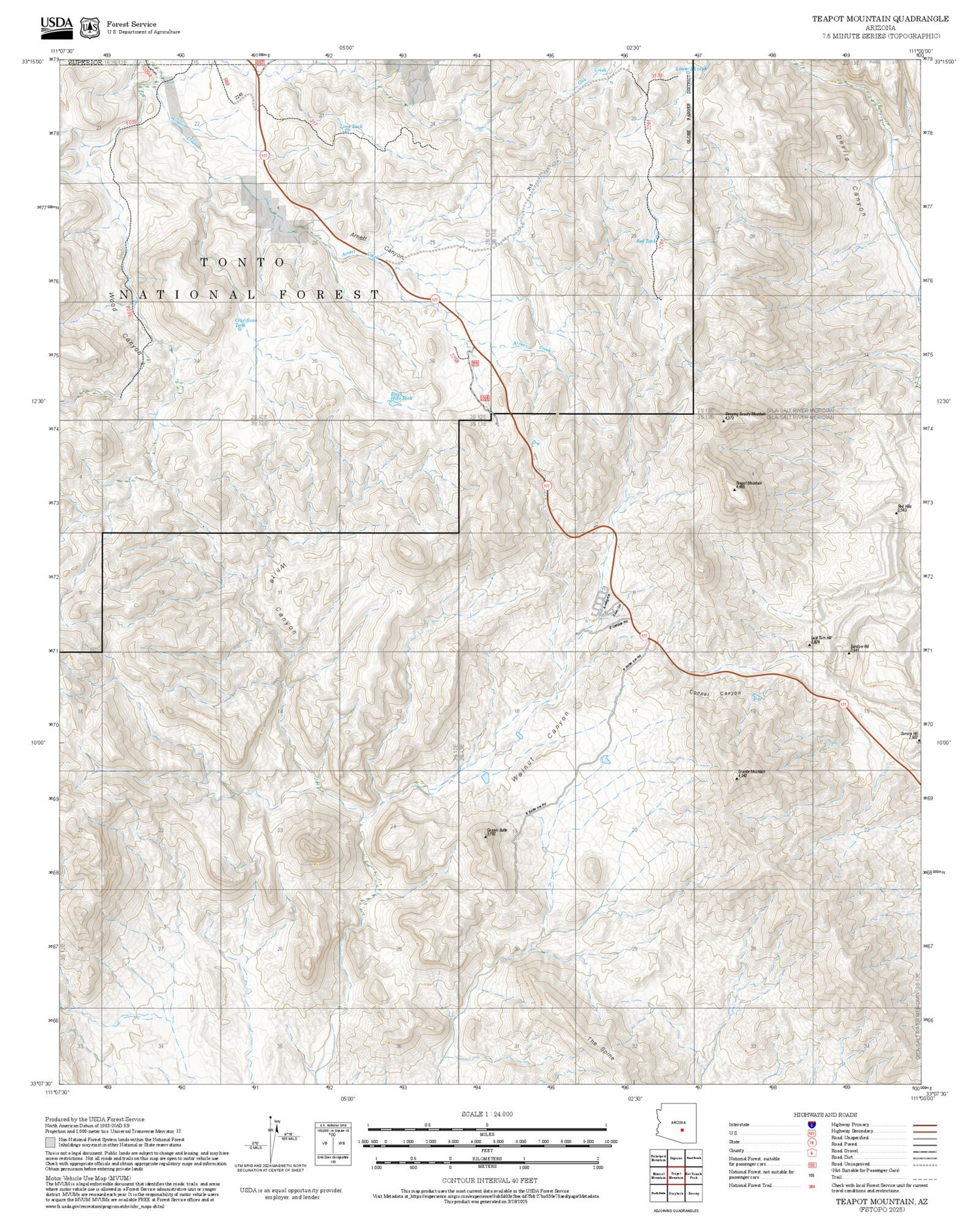 2025 Forest Service Topo Map of Teapot Mountain Arizona