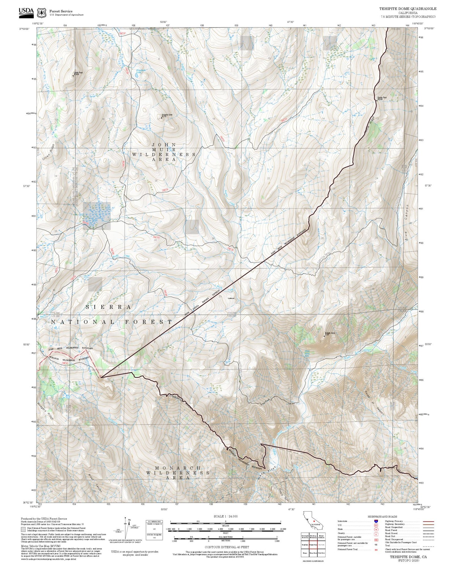 2025 Forest Service Topo Map of Tehipite Dome California