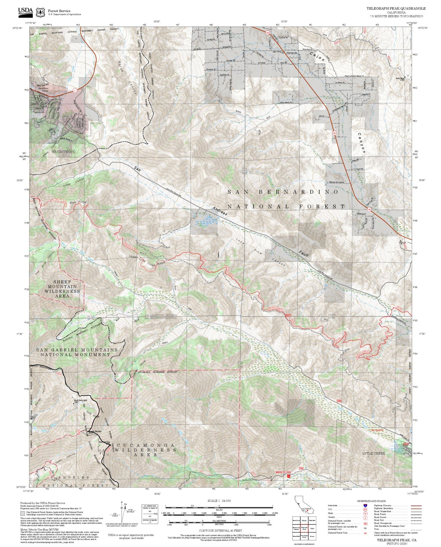 2025 Forest Service Topo Map of Telegraph Peak California