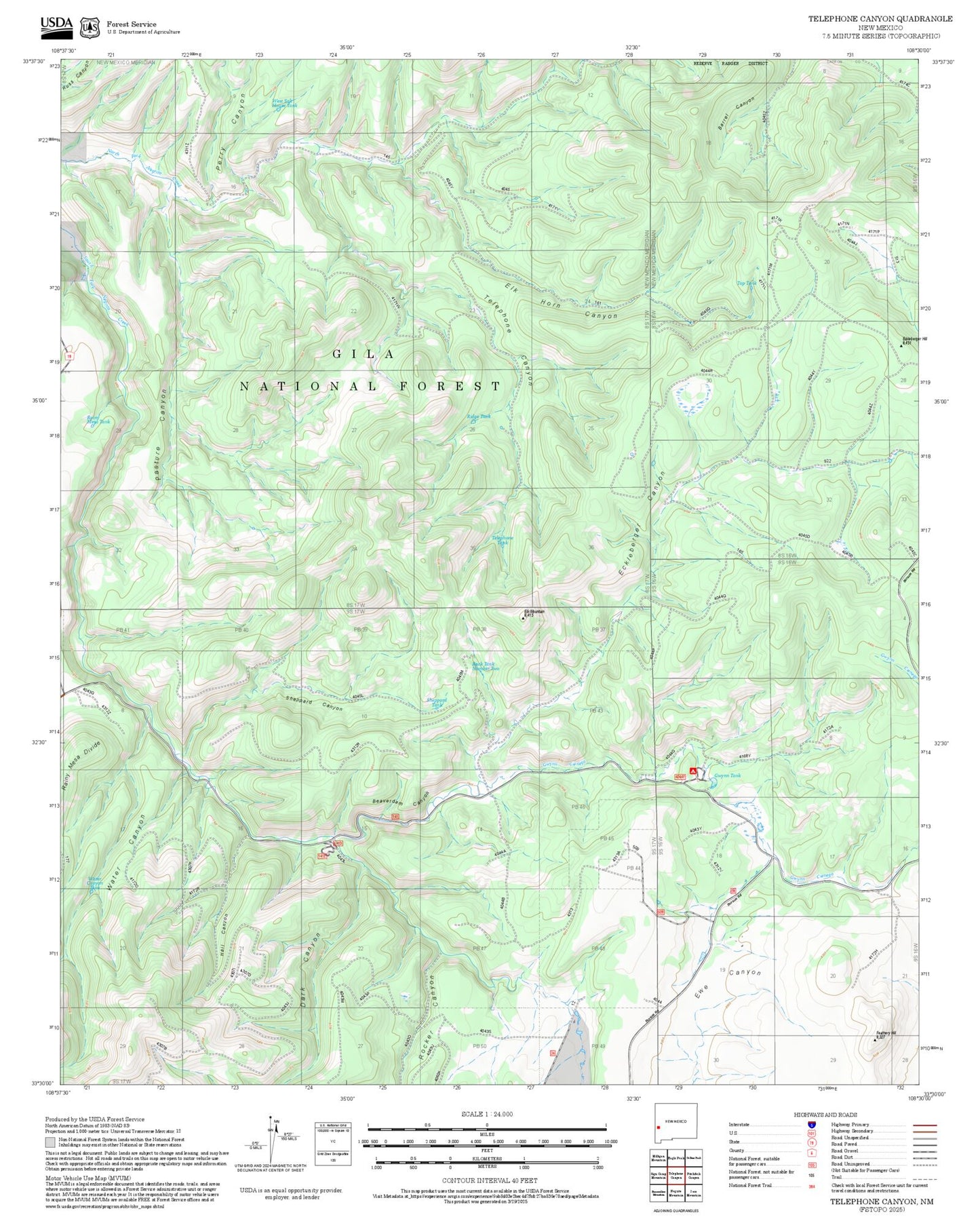 2025 Forest Service Topo Map of Telephone Canyon New Mexico