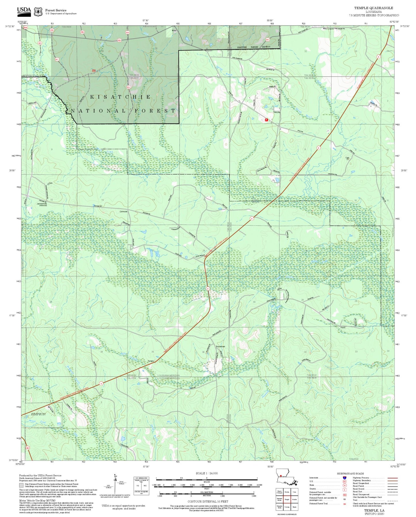 2025 Forest Service Topo Map of Temple Louisiana