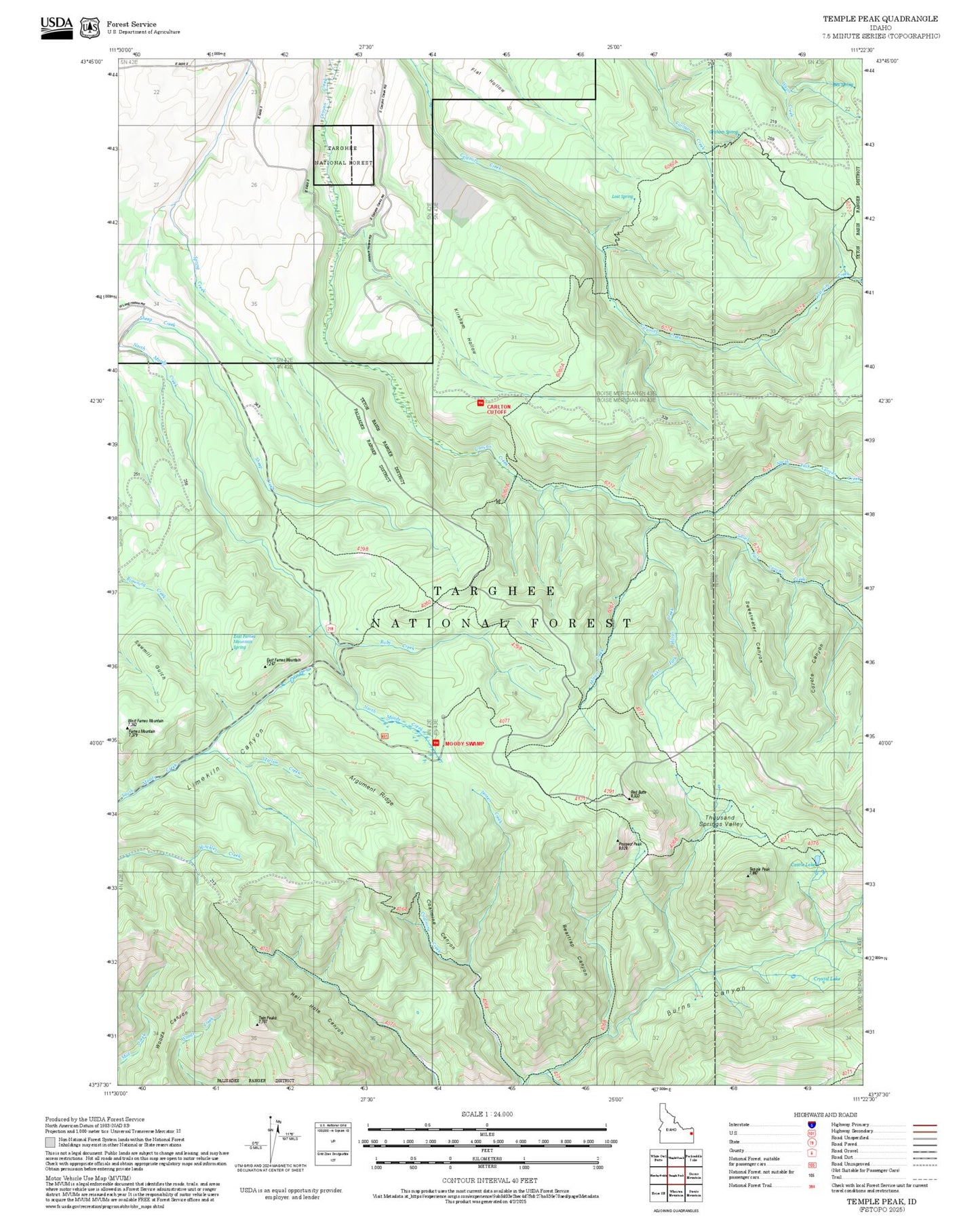 2025 Forest Service Topo Map of Temple Peak Idaho