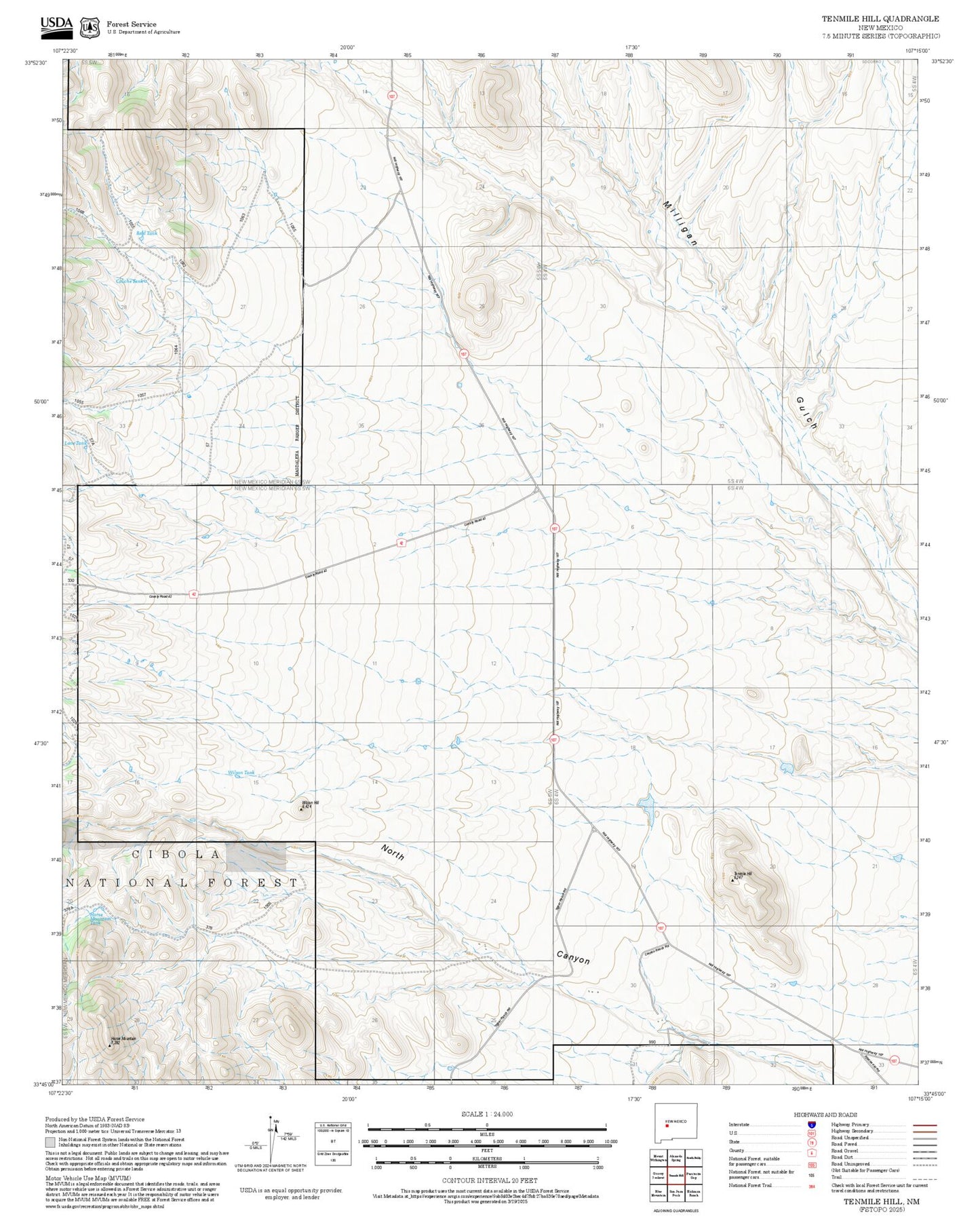 2025 Forest Service Topo Map of Tenmile Hill New Mexico