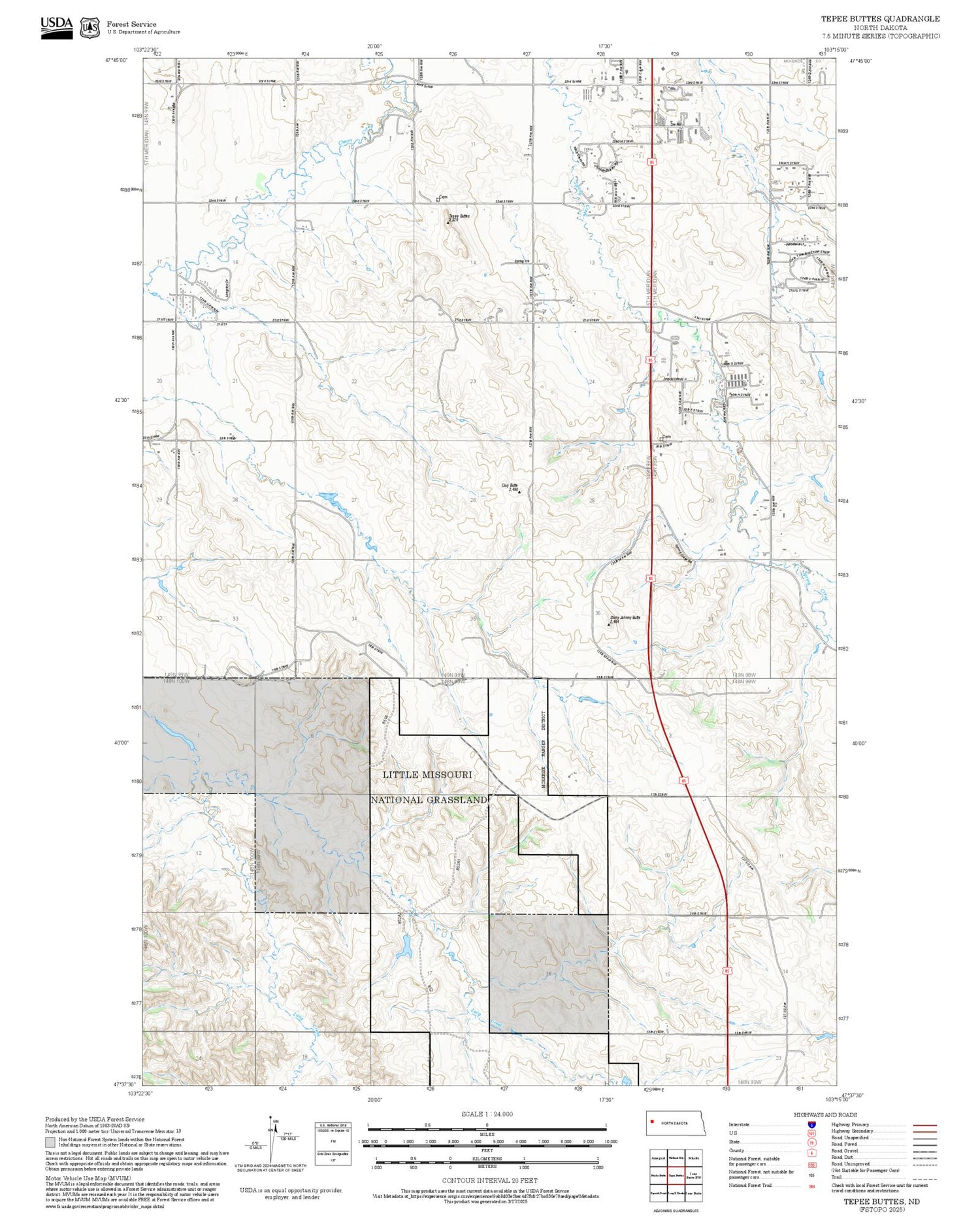 2025 Forest Service Topo Map of Tepee Buttes North Dakota