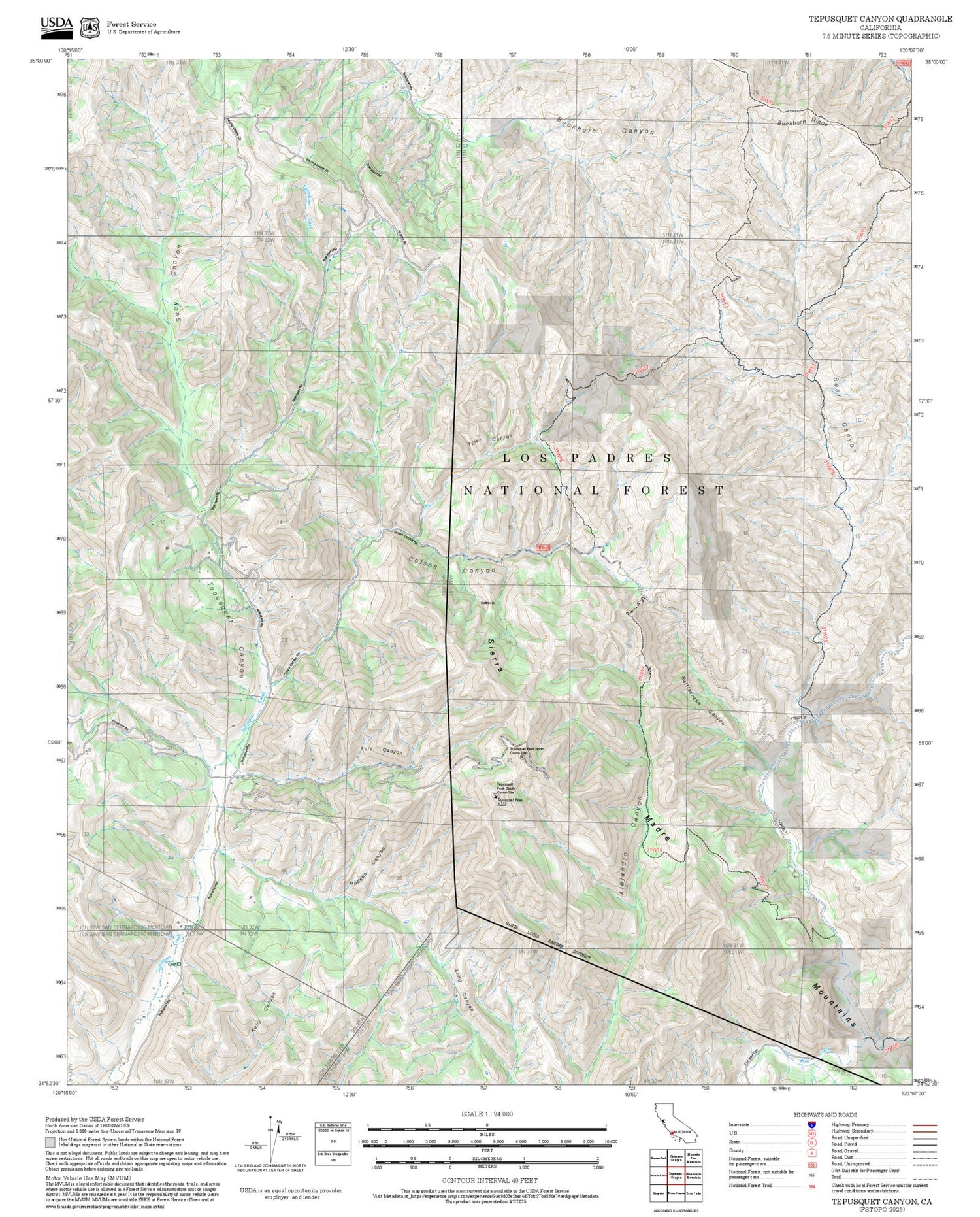 2025 Forest Service Topo Map of Tepusquet Canyon California