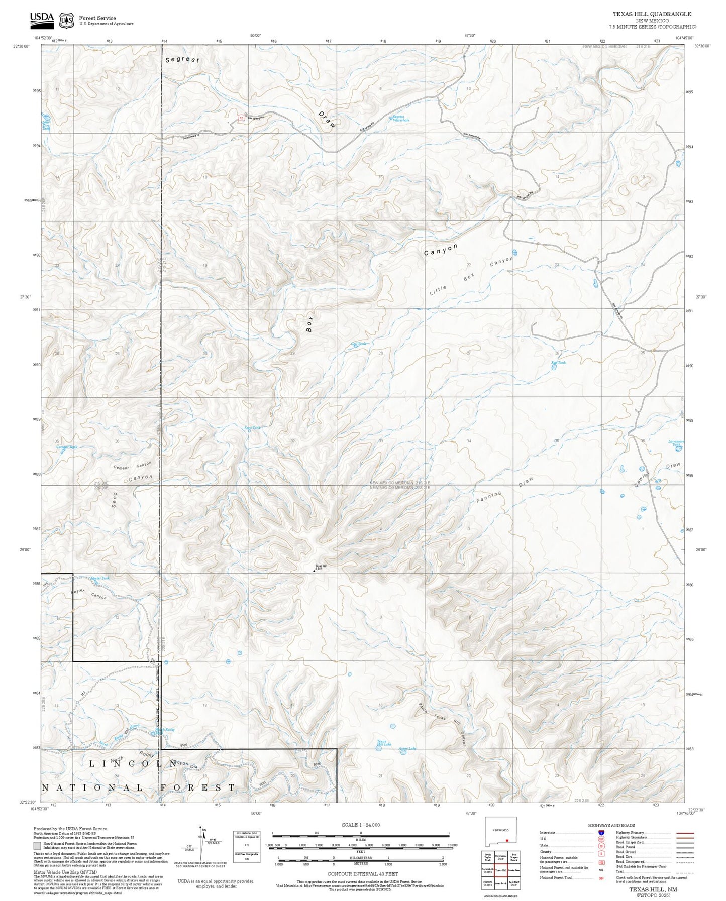 2025 Forest Service Topo Map of Texas Hill New Mexico