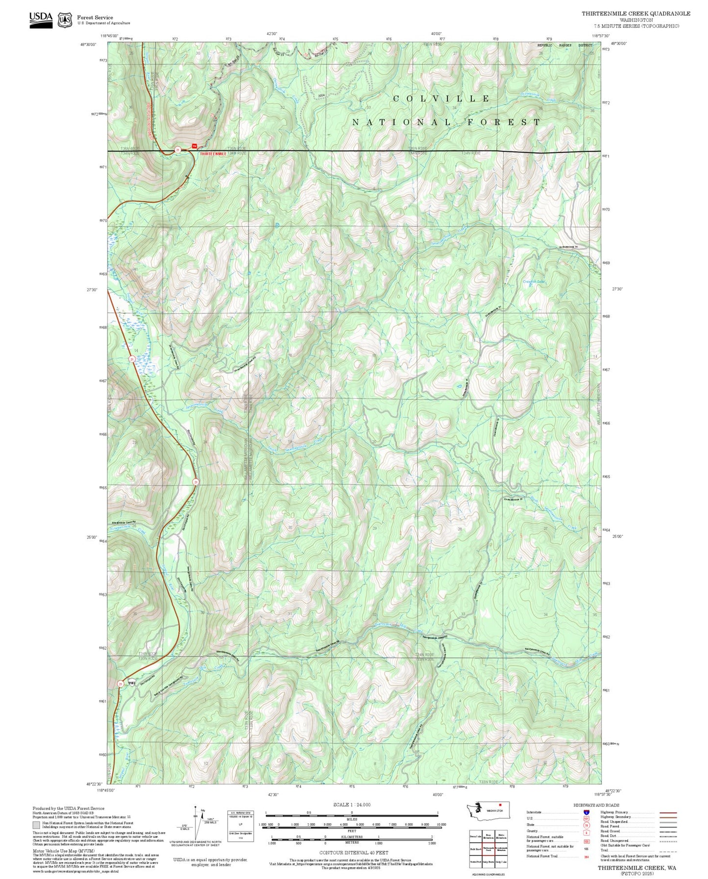 2025 Forest Service Topo Map of Thirteenmile Creek Washington