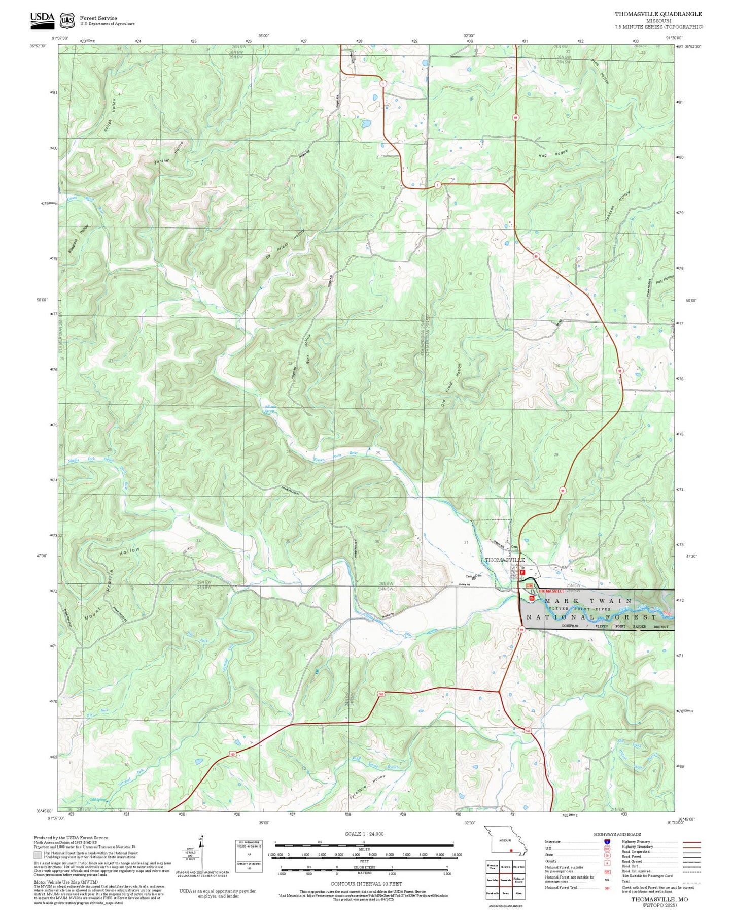 2025 Forest Service Topo Map of Thomasville Missouri