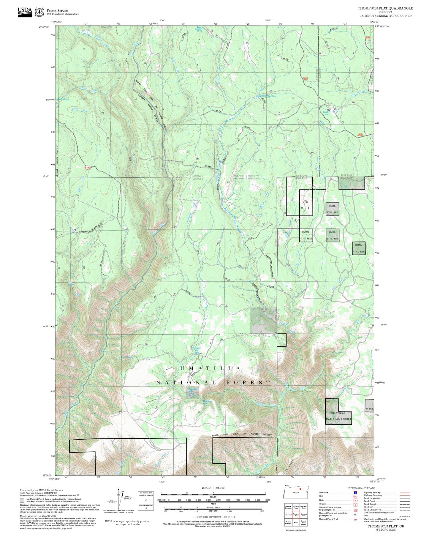 2025 Forest Service Topo Map of Thompson Flat Oregon