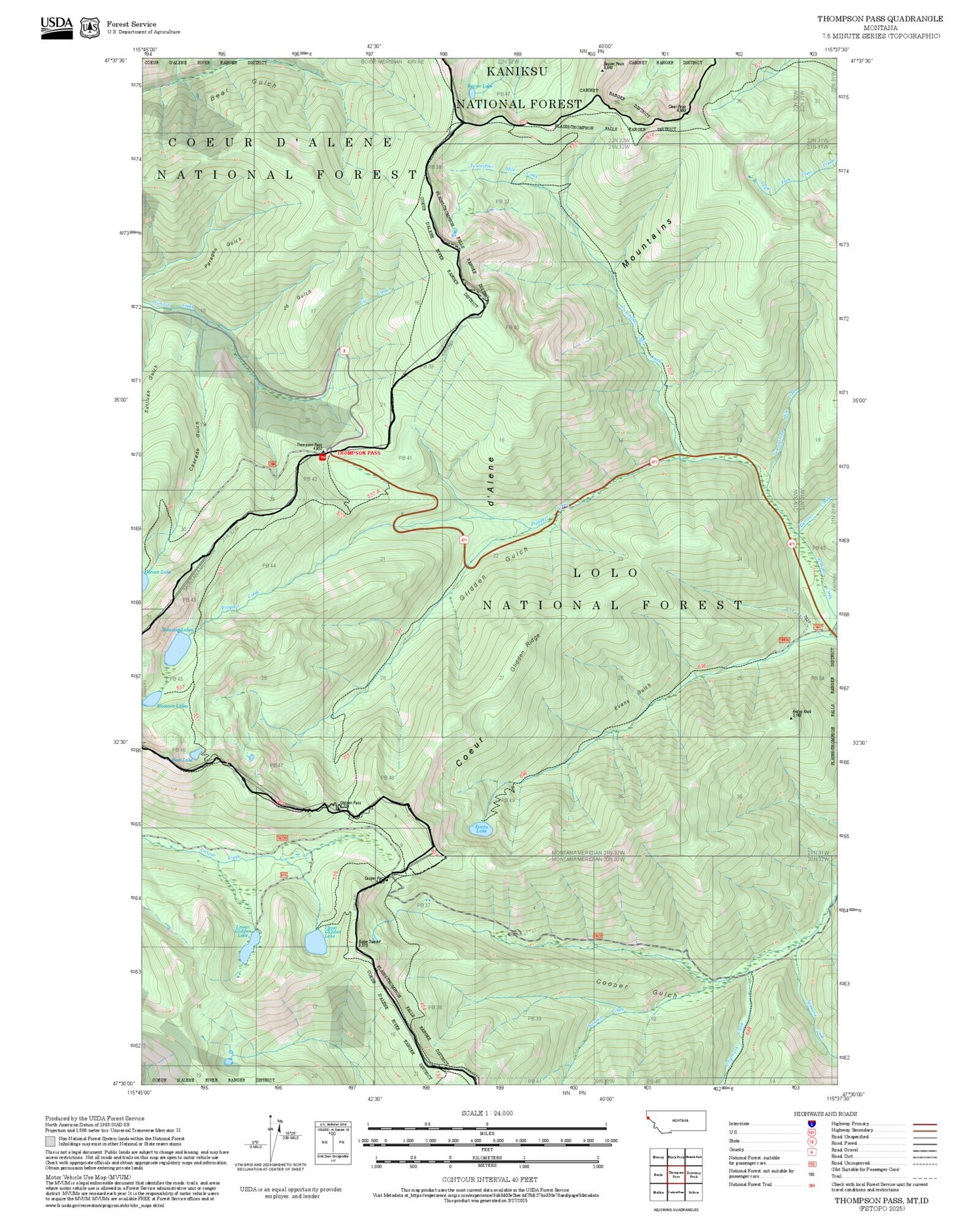 2025 Forest Service Topo Map of Thompson Pass Montana