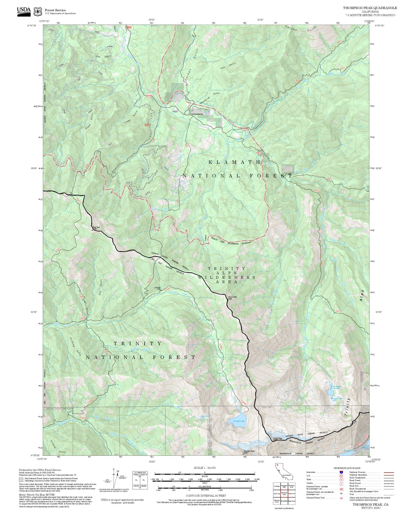 2025 Forest Service Topo Map of Thompson Peak California