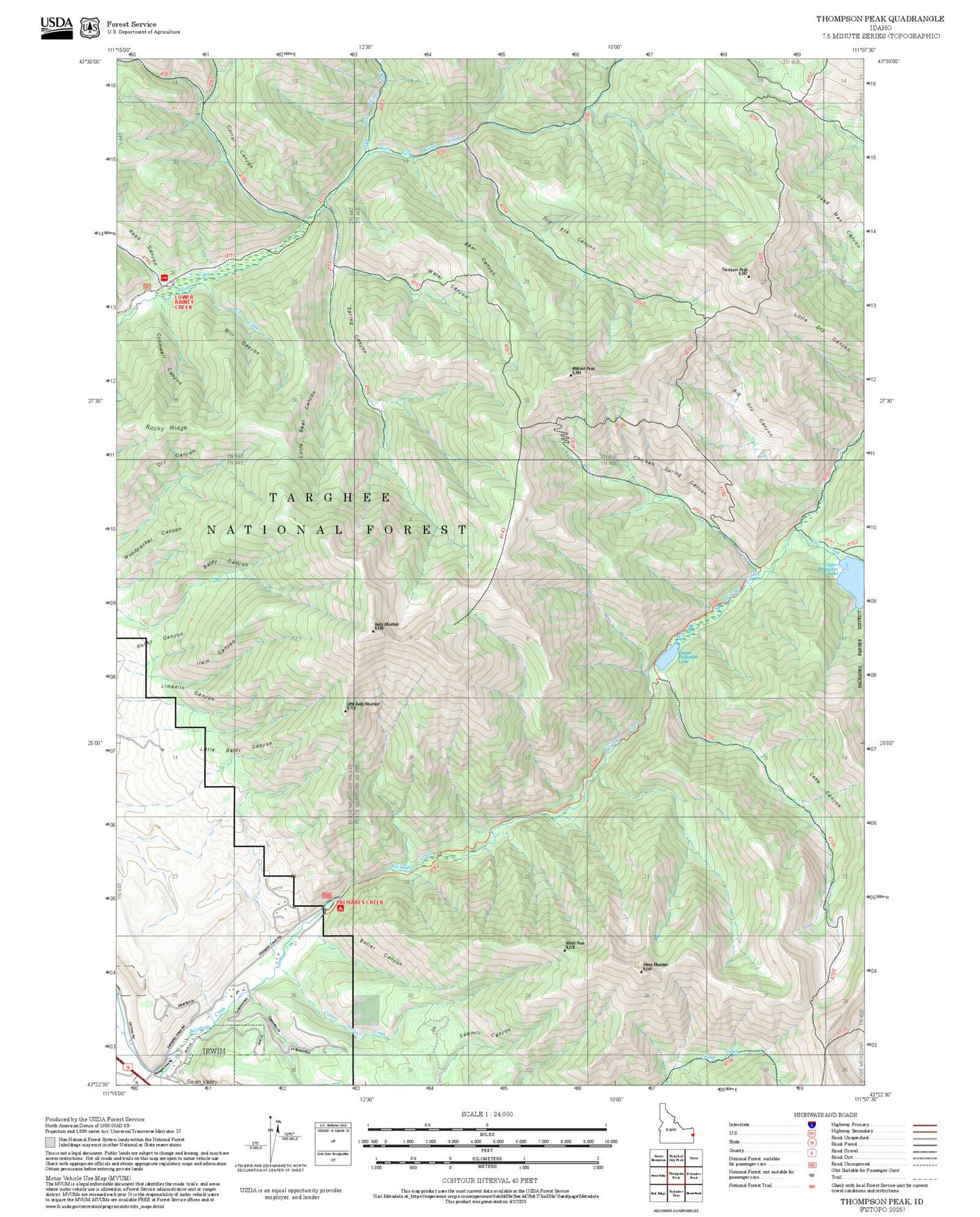 2025 Forest Service Topo Map of Thompson Peak Idaho