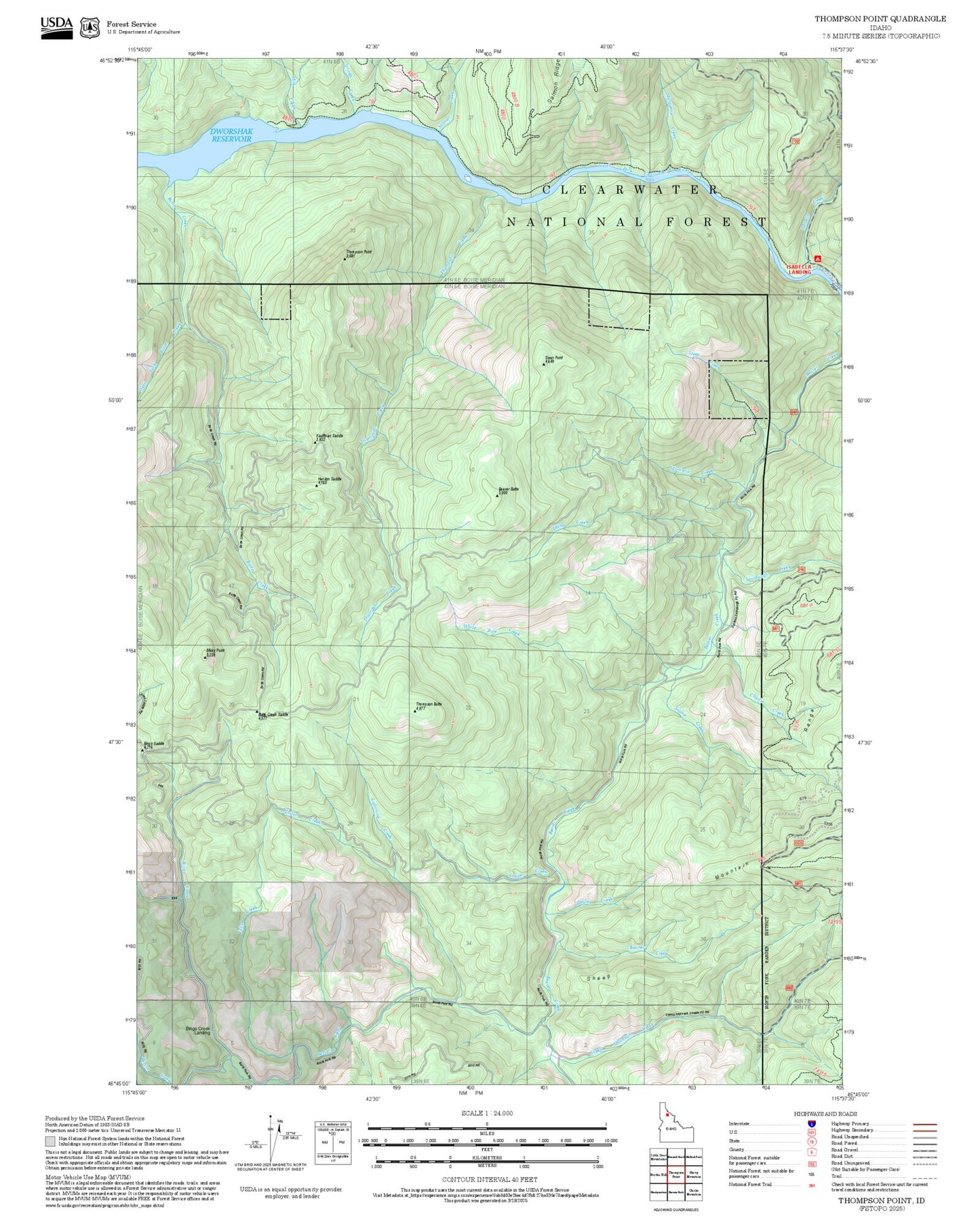2025 Forest Service Topo Map of Thompson Point Idaho