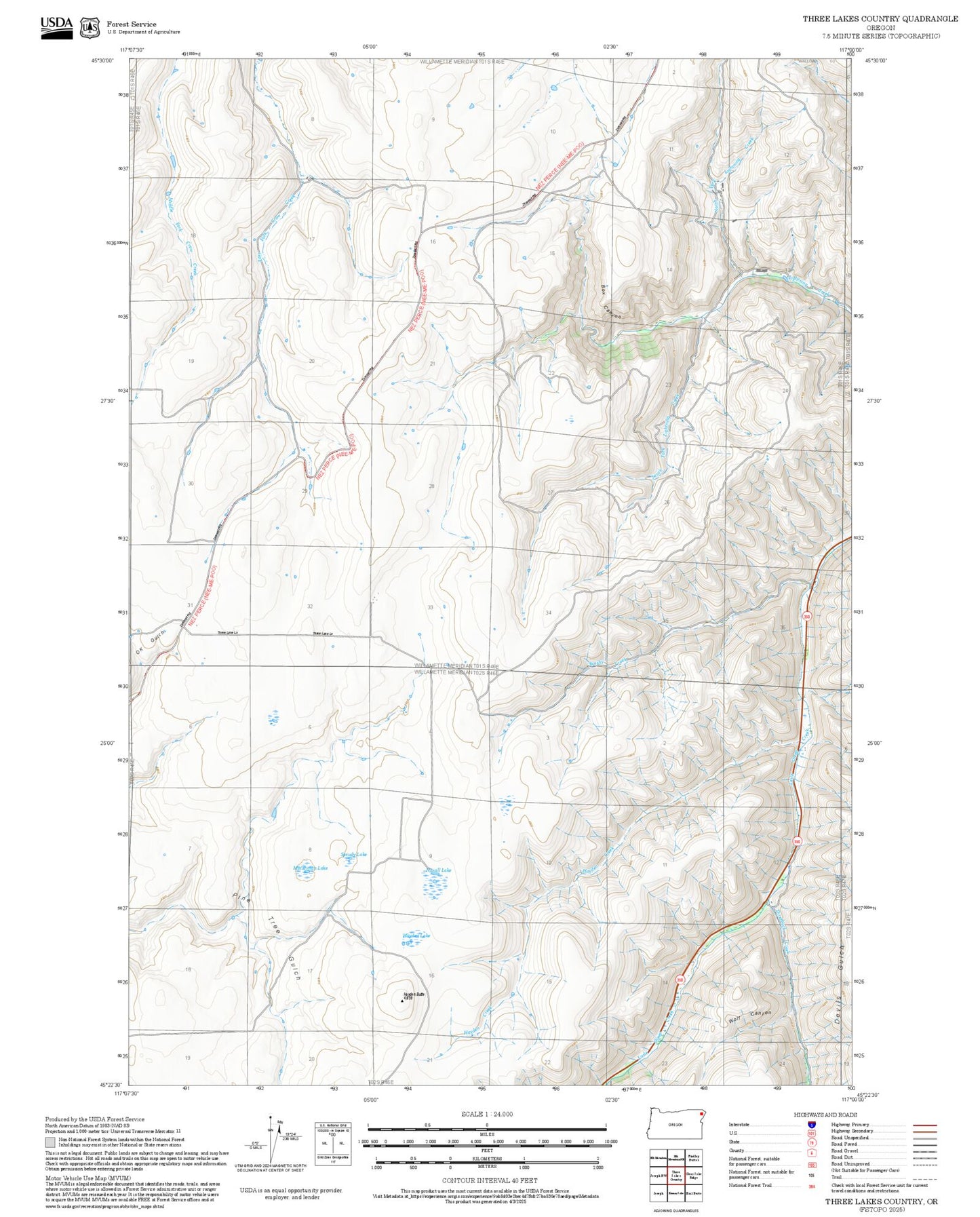 2025 Forest Service Topo Map of Three Lakes Country Oregon