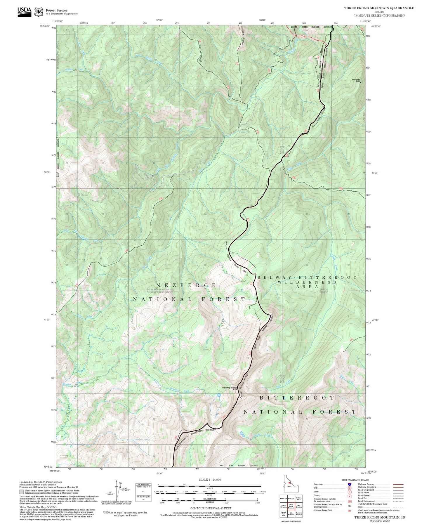 2025 Forest Service Topo Map of Three Prong Mountain Idaho