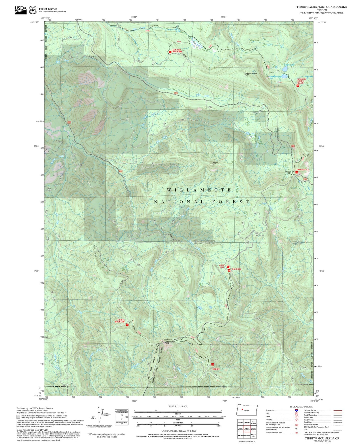 2025 Forest Service Topo Map of Tidbits Mountain Oregon