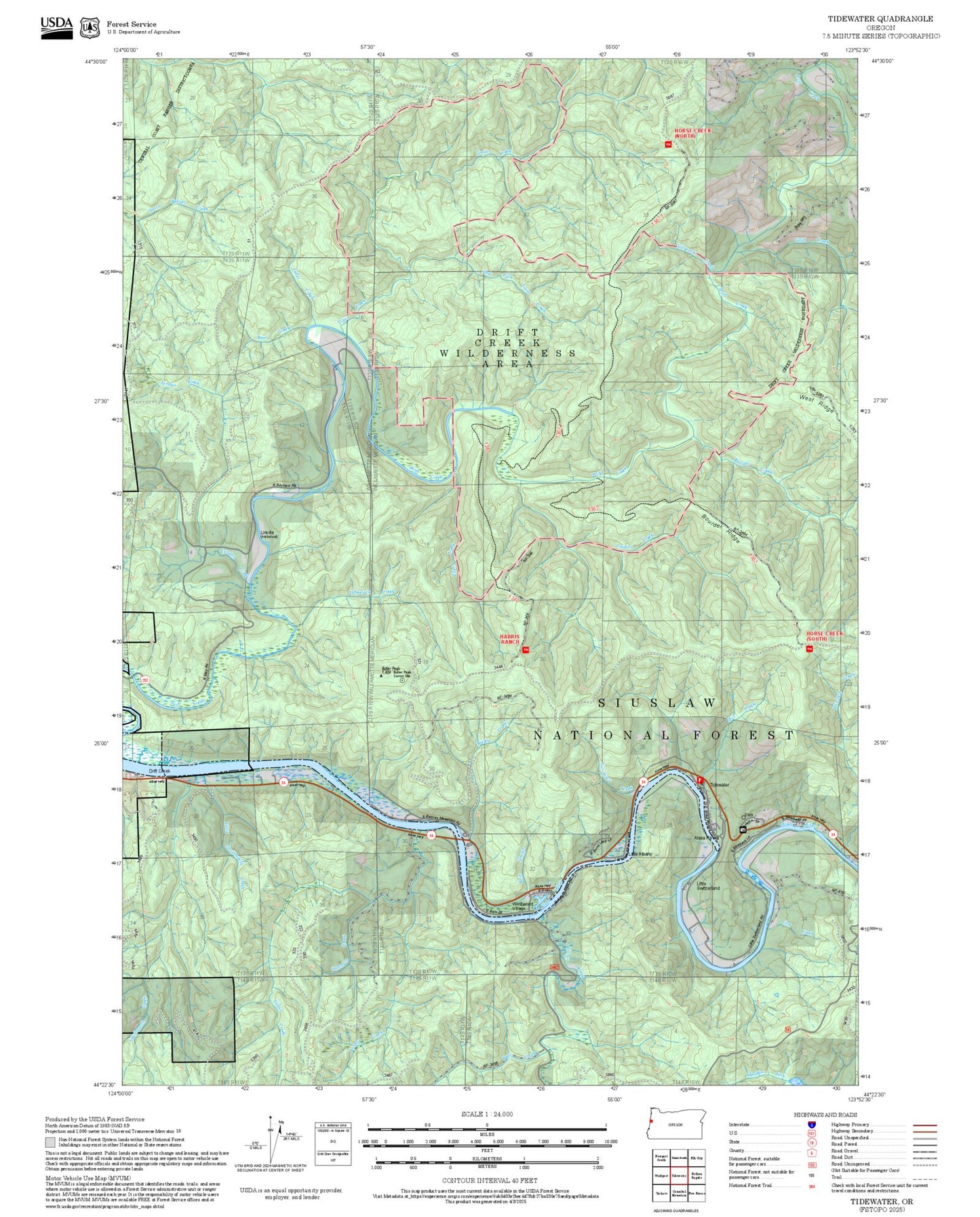 2025 Forest Service Topo Map of Tidewater Oregon