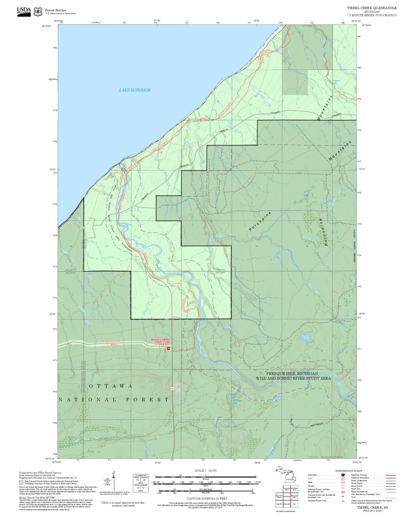 2025 Forest Service Topo Map of Tiebel Creek Michigan