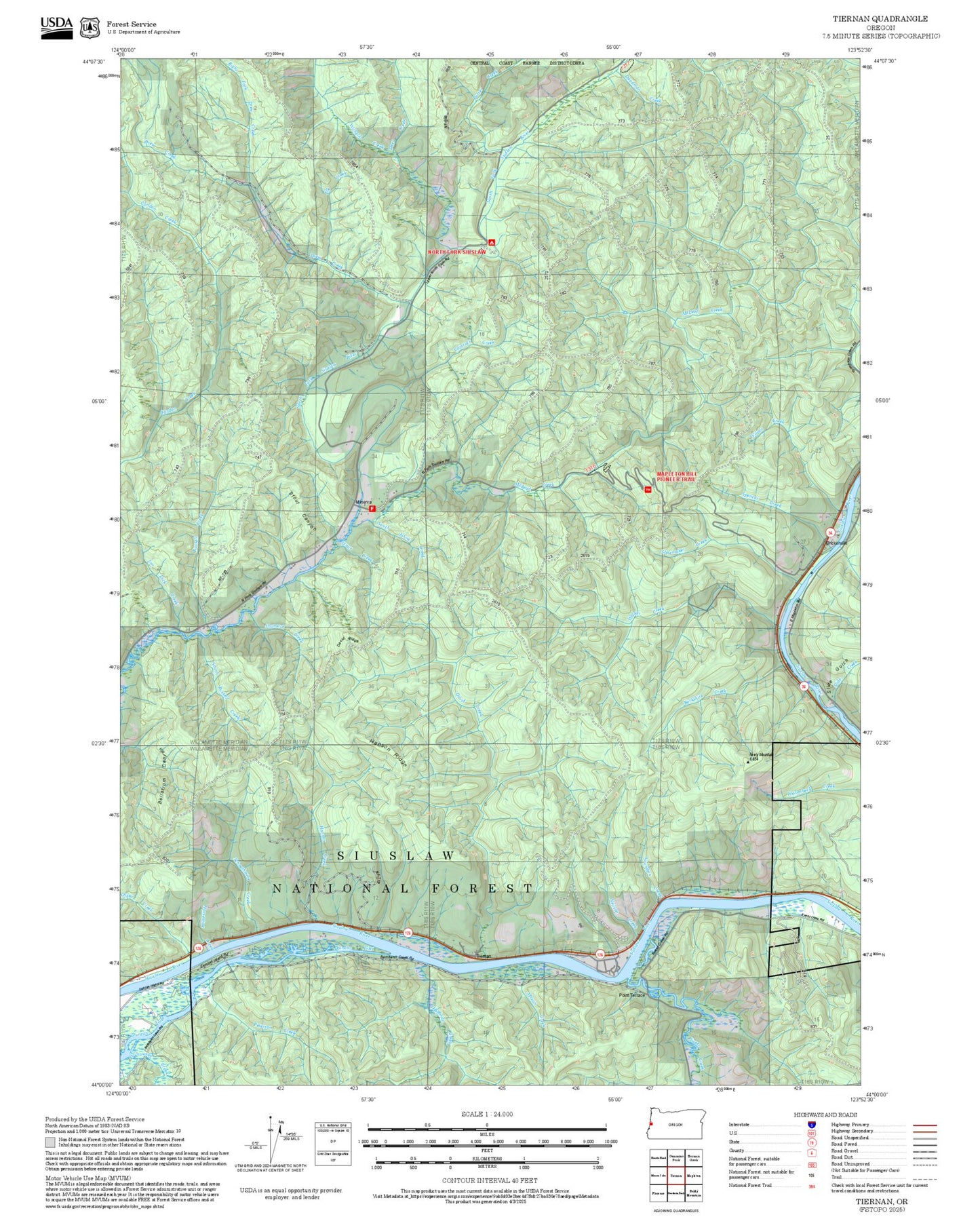 2025 Forest Service Topo Map of Tiernan Oregon