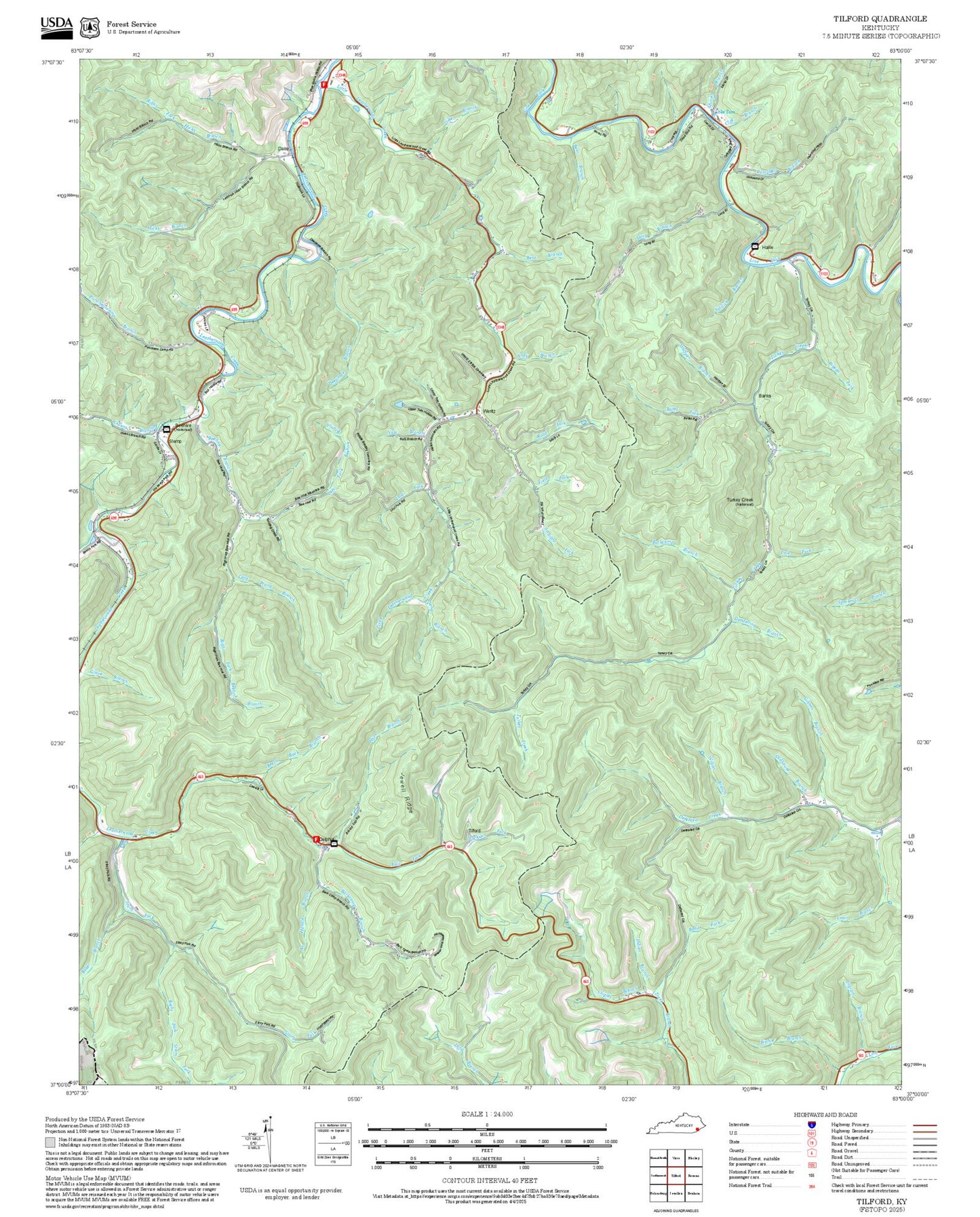 2025 Forest Service Topo Map of Tilford Kentucky