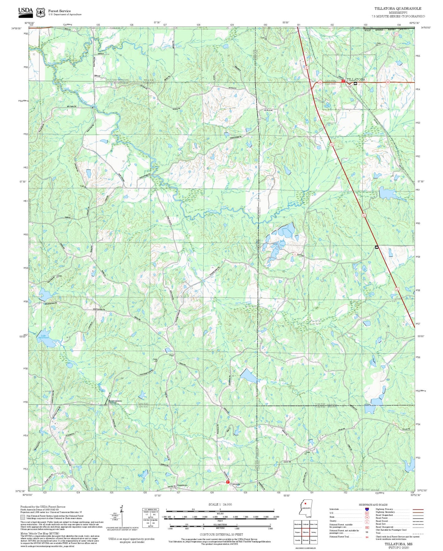 2025 Forest Service Topo Map of Tillatoba Mississippi