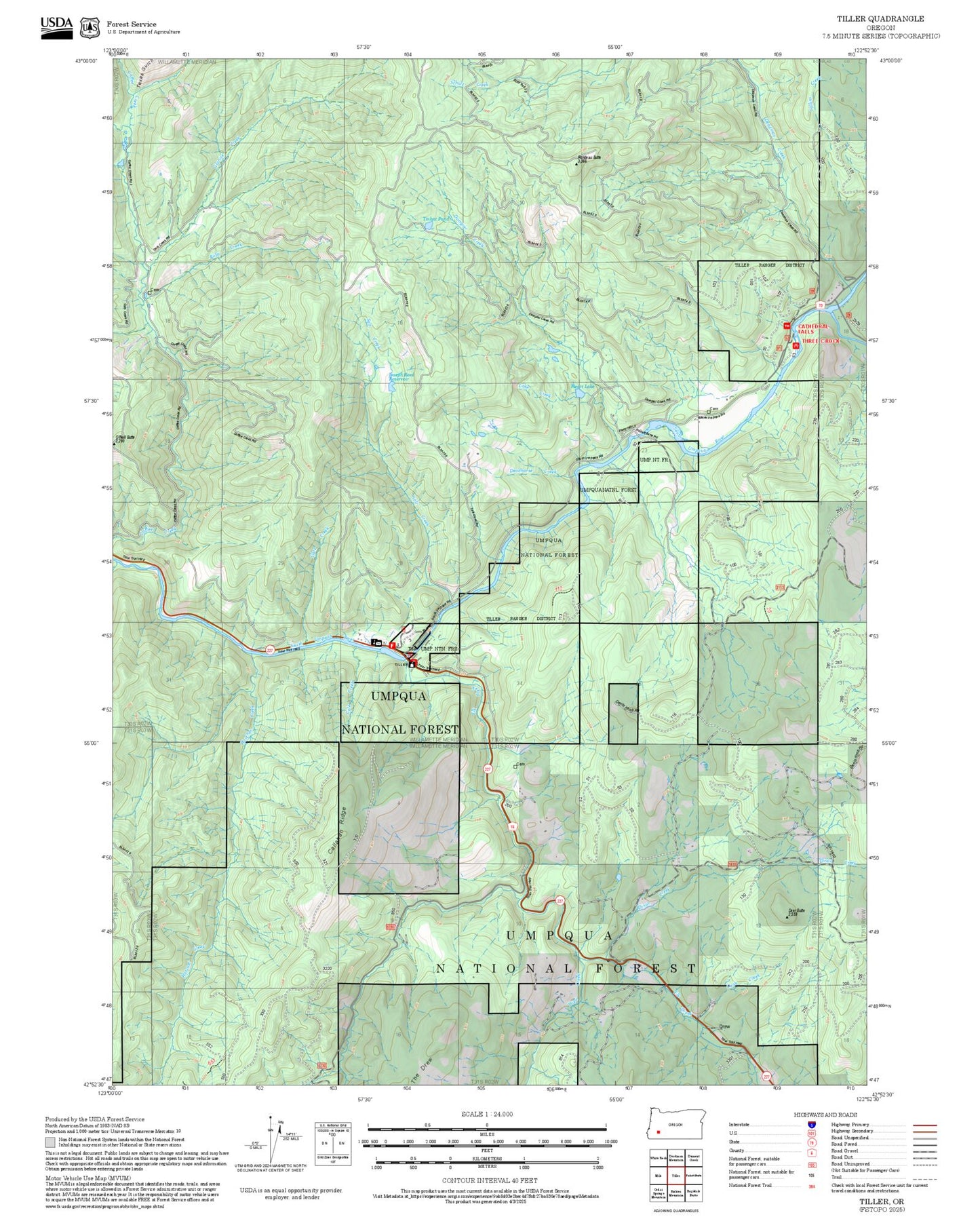 2025 Forest Service Topo Map of Tiller Oregon