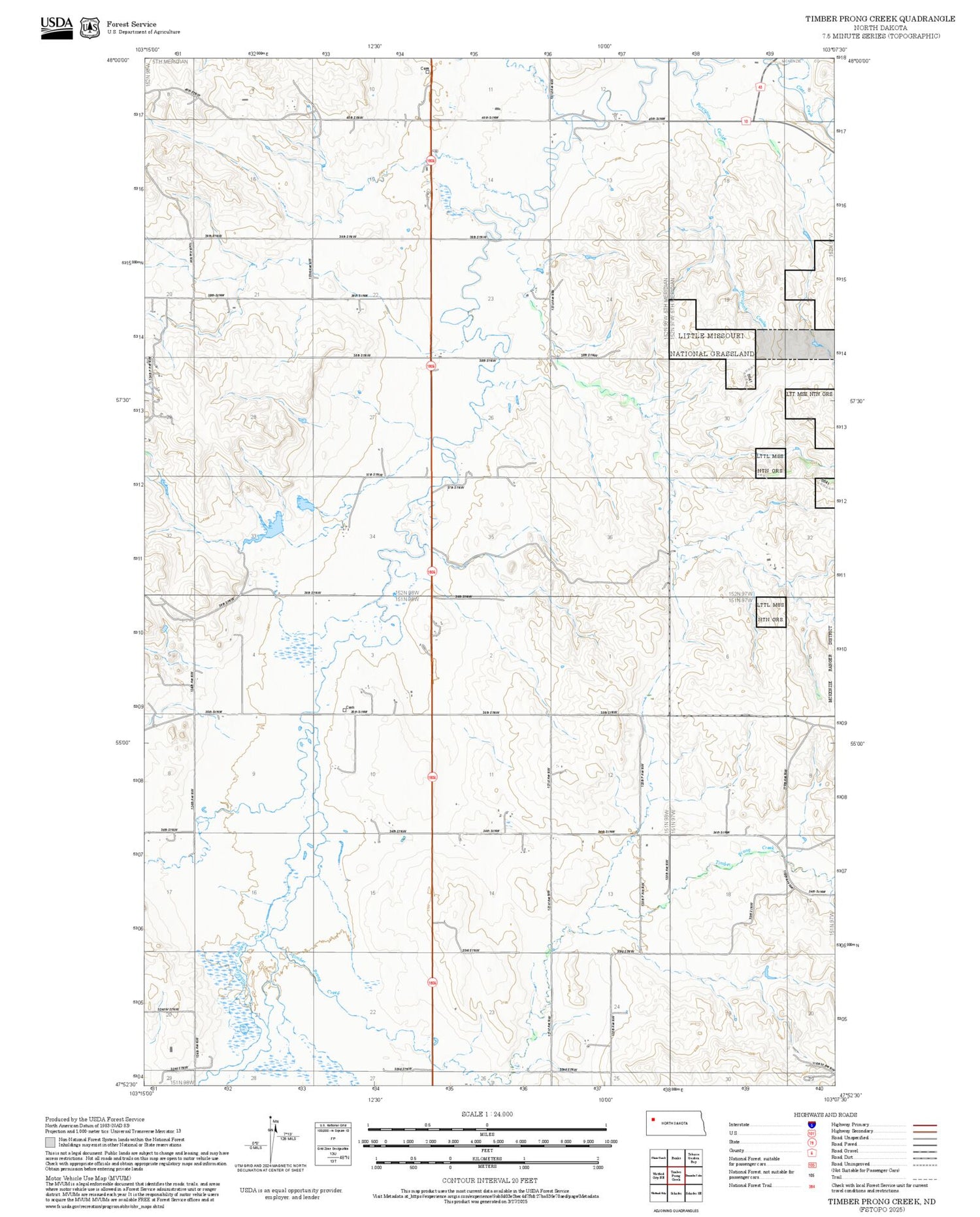2025 Forest Service Topo Map of Timber Prong Creek North Dakota