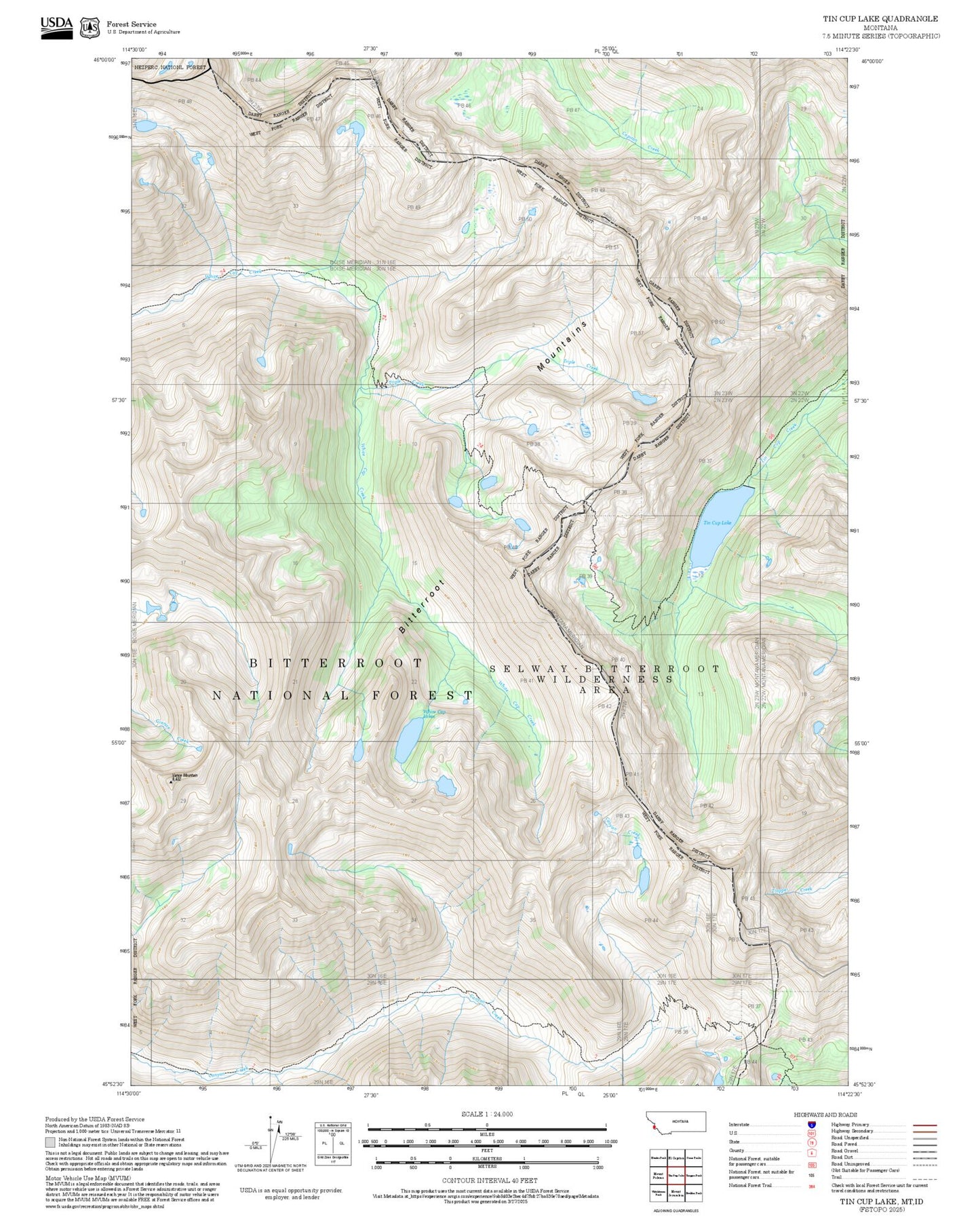 2025 Forest Service Topo Map of Tin Cup Lake Montana