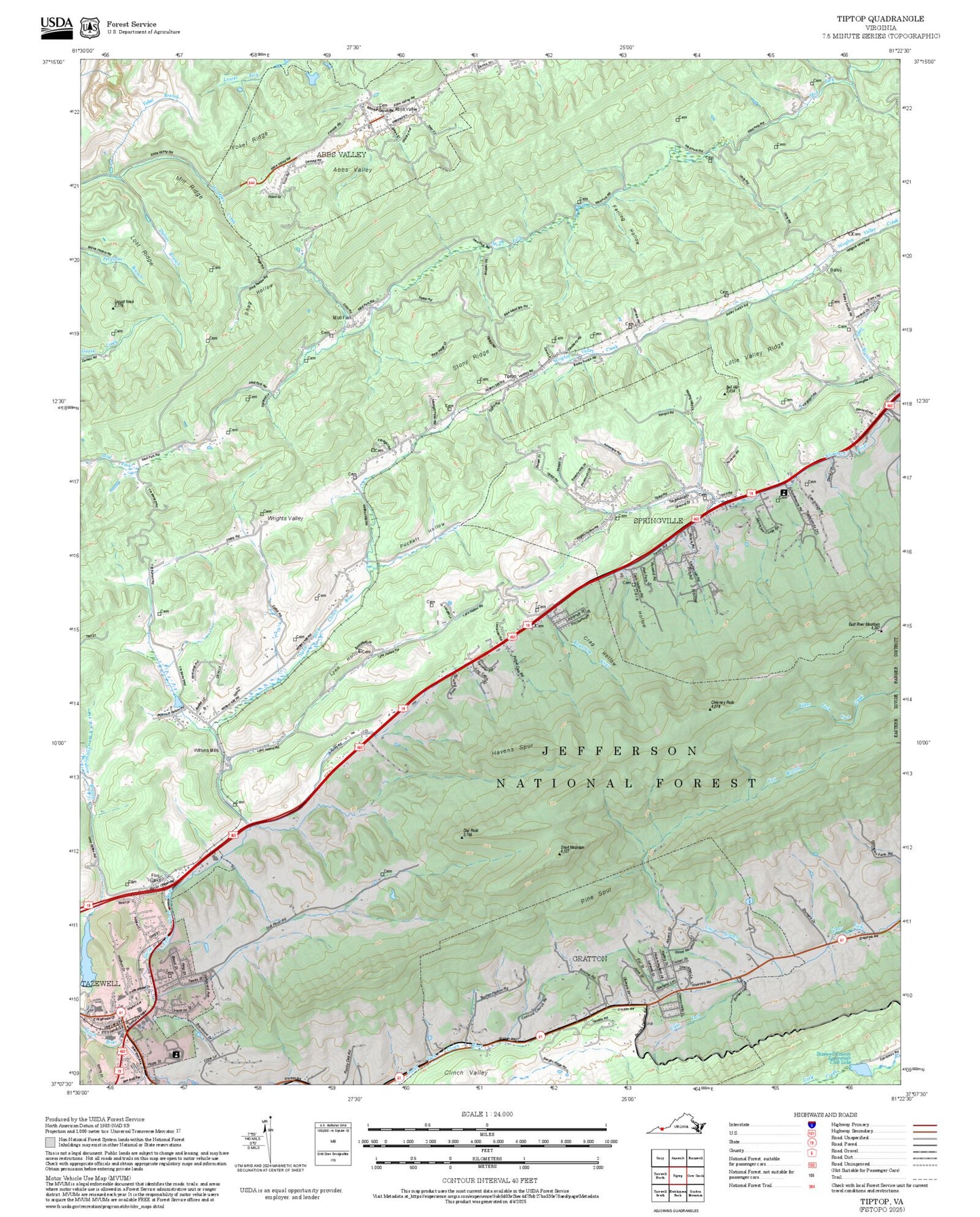 2025 Forest Service Topo Map of Tiptop Virginia