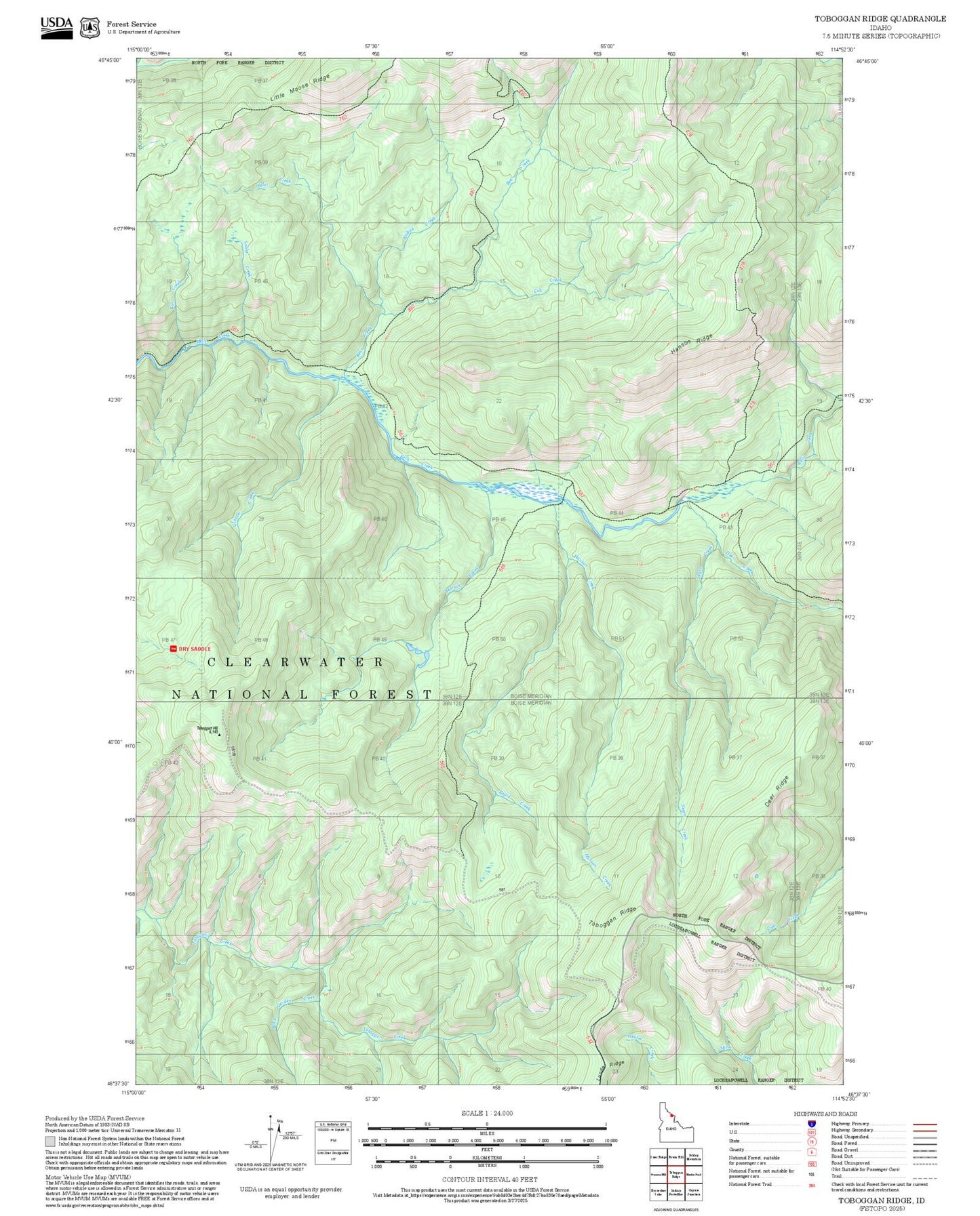 2025 Forest Service Topo Map of Toboggan Ridge Idaho