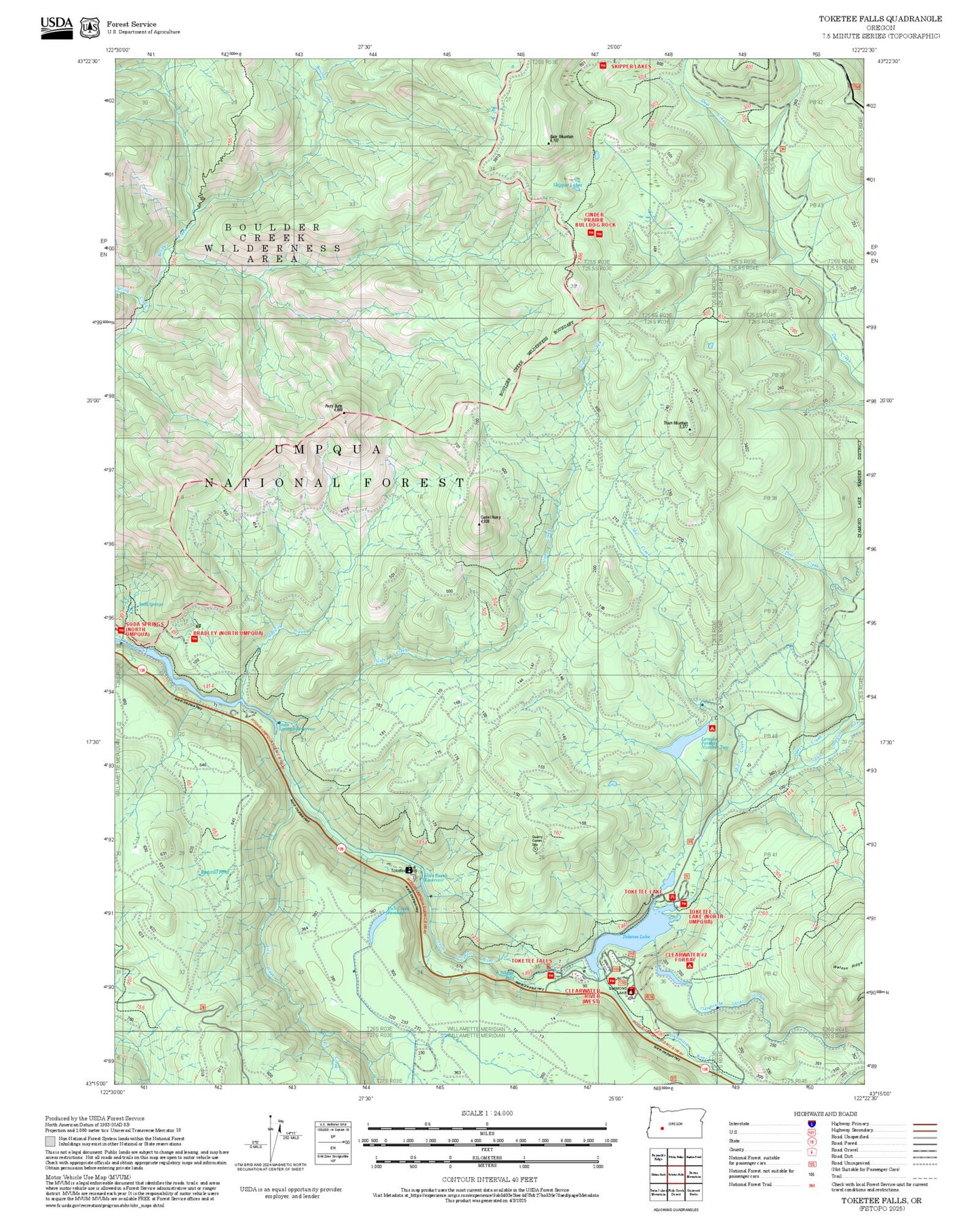 2025 Forest Service Topo Map of Toketee Falls Oregon