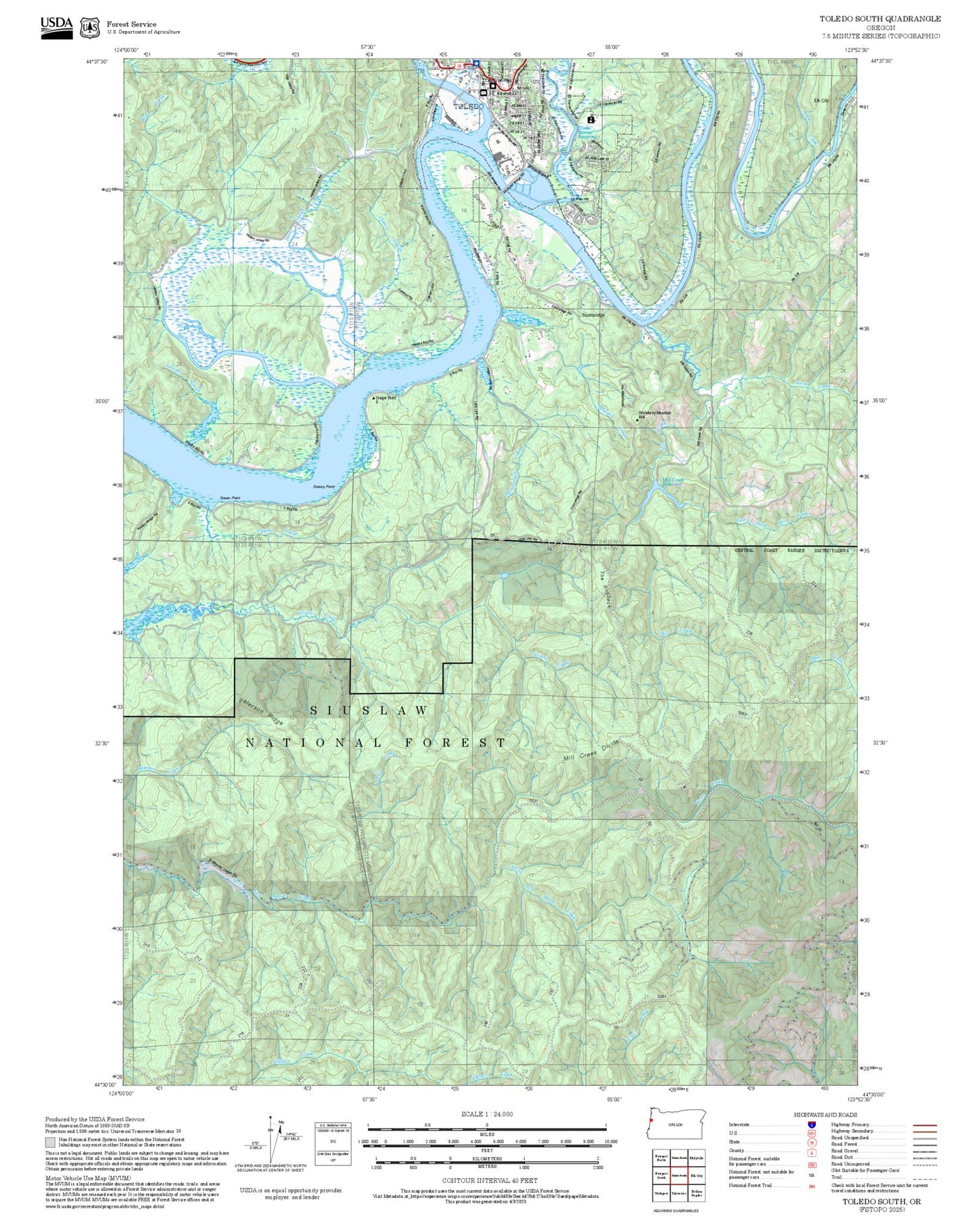2025 Forest Service Topo Map of Toledo South Oregon
