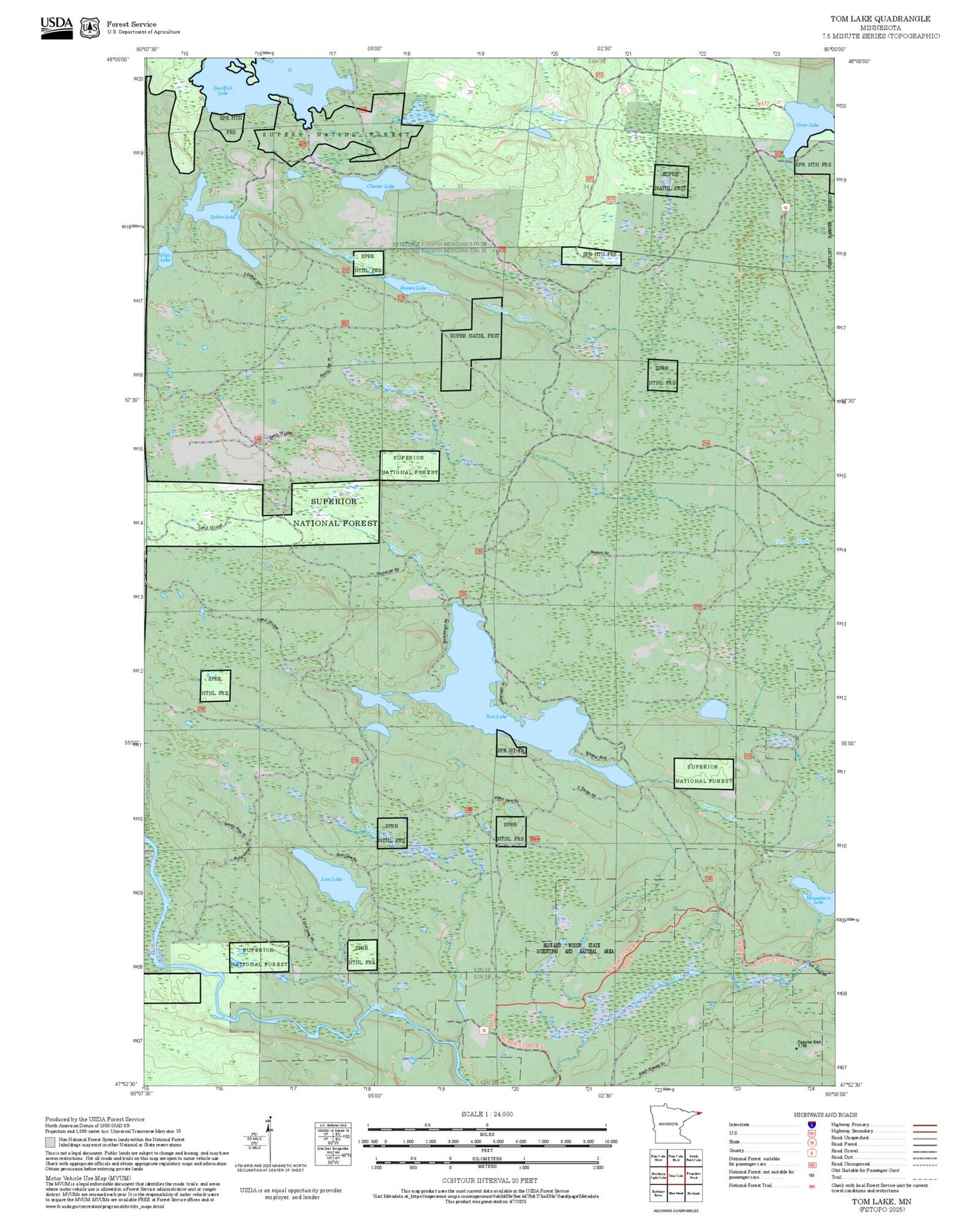 2025 Forest Service Topo Map of Tom Lake Minnesota