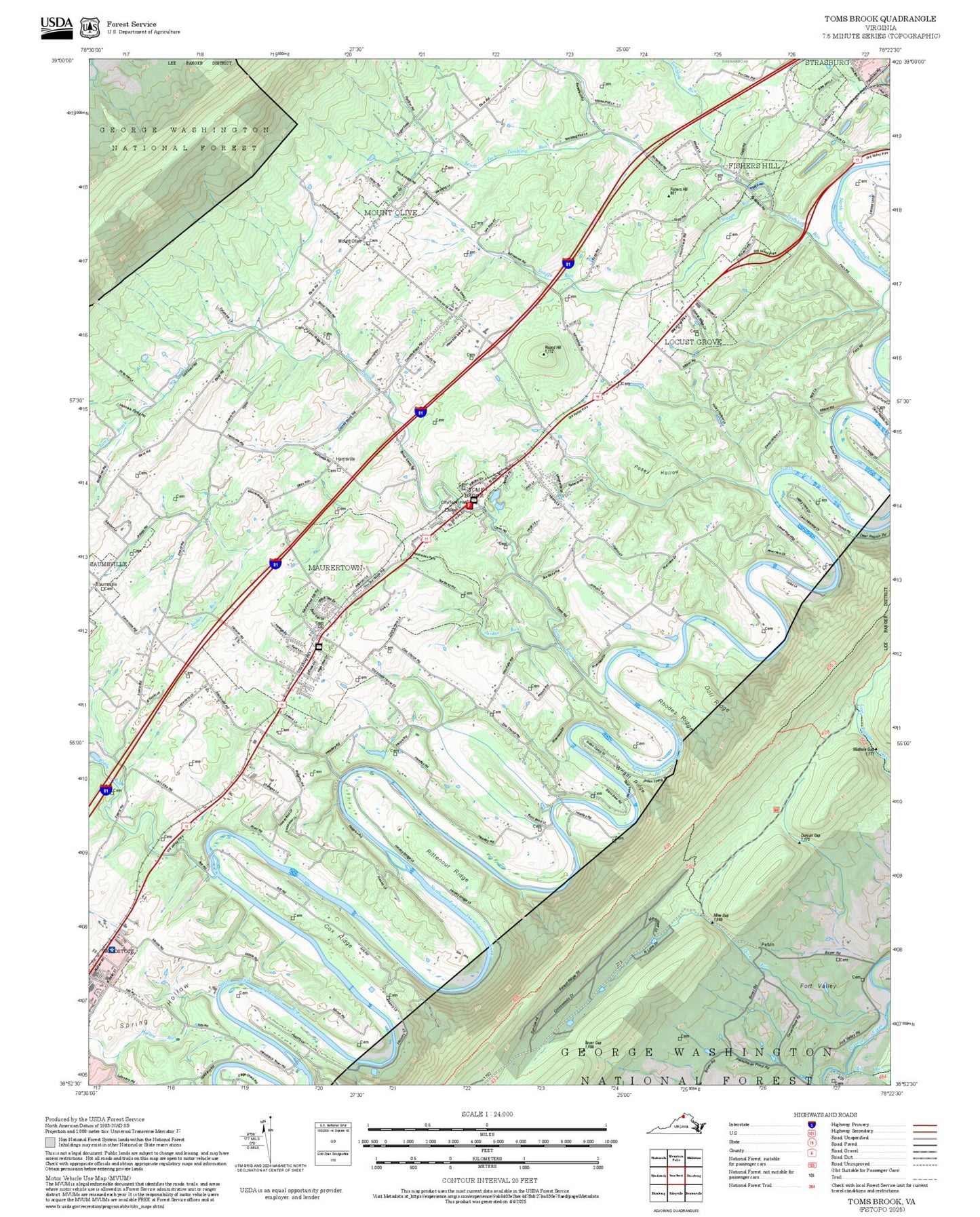 2025 Forest Service Topo Map of Toms Brook Virginia