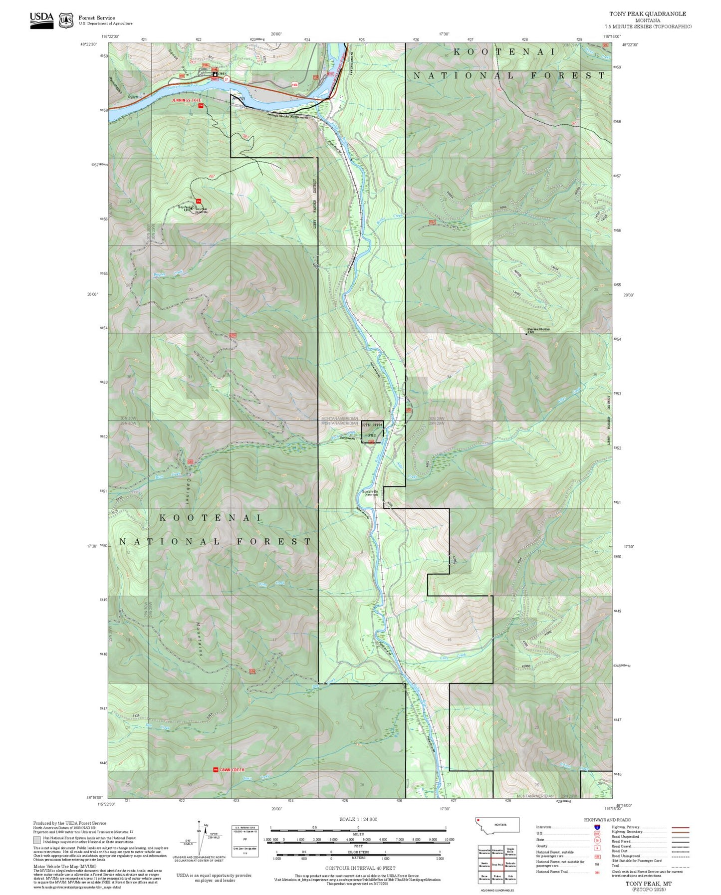 2025 Forest Service Topo Map of Tony Peak Montana