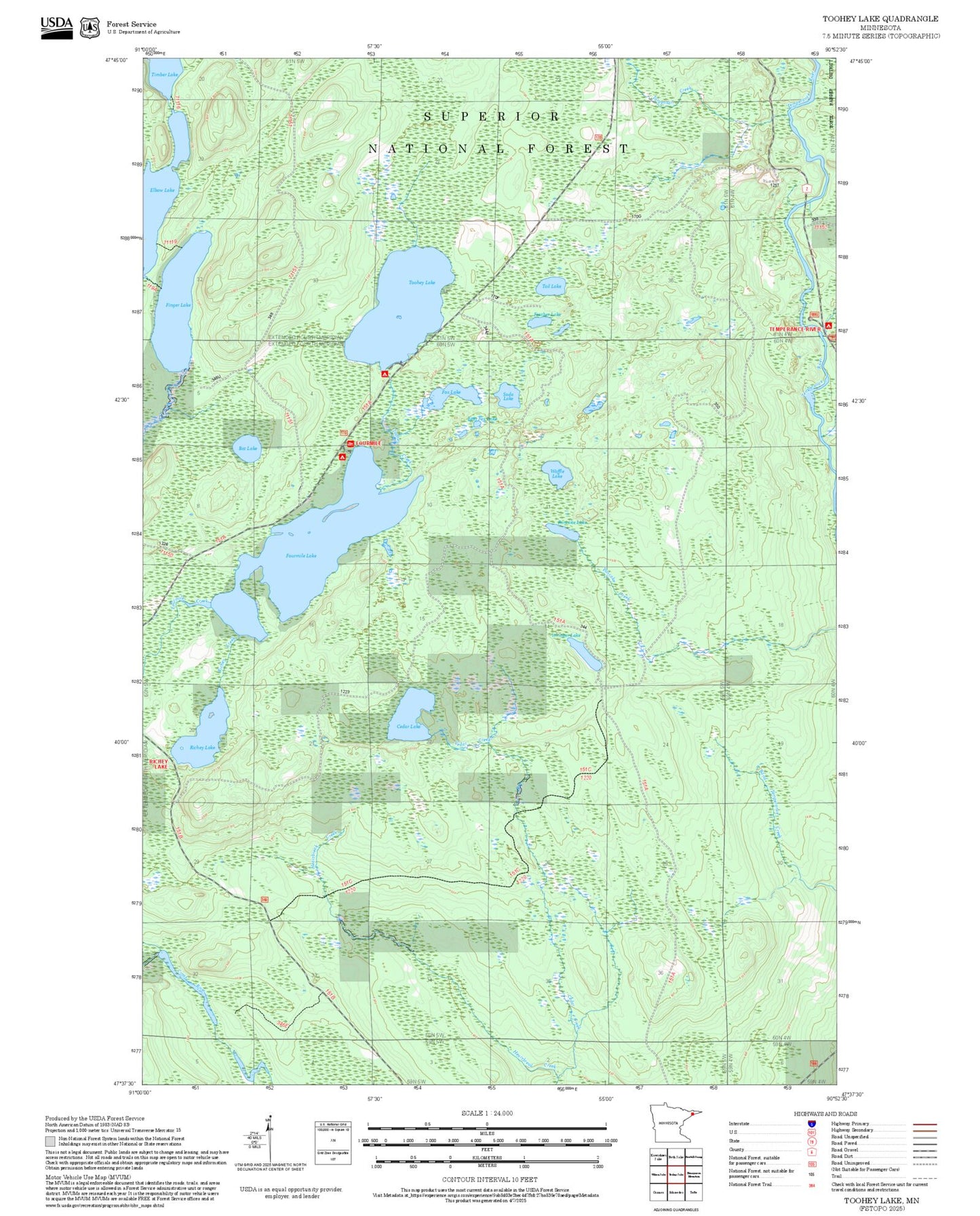 2025 Forest Service Topo Map of Toohey Lake Minnesota