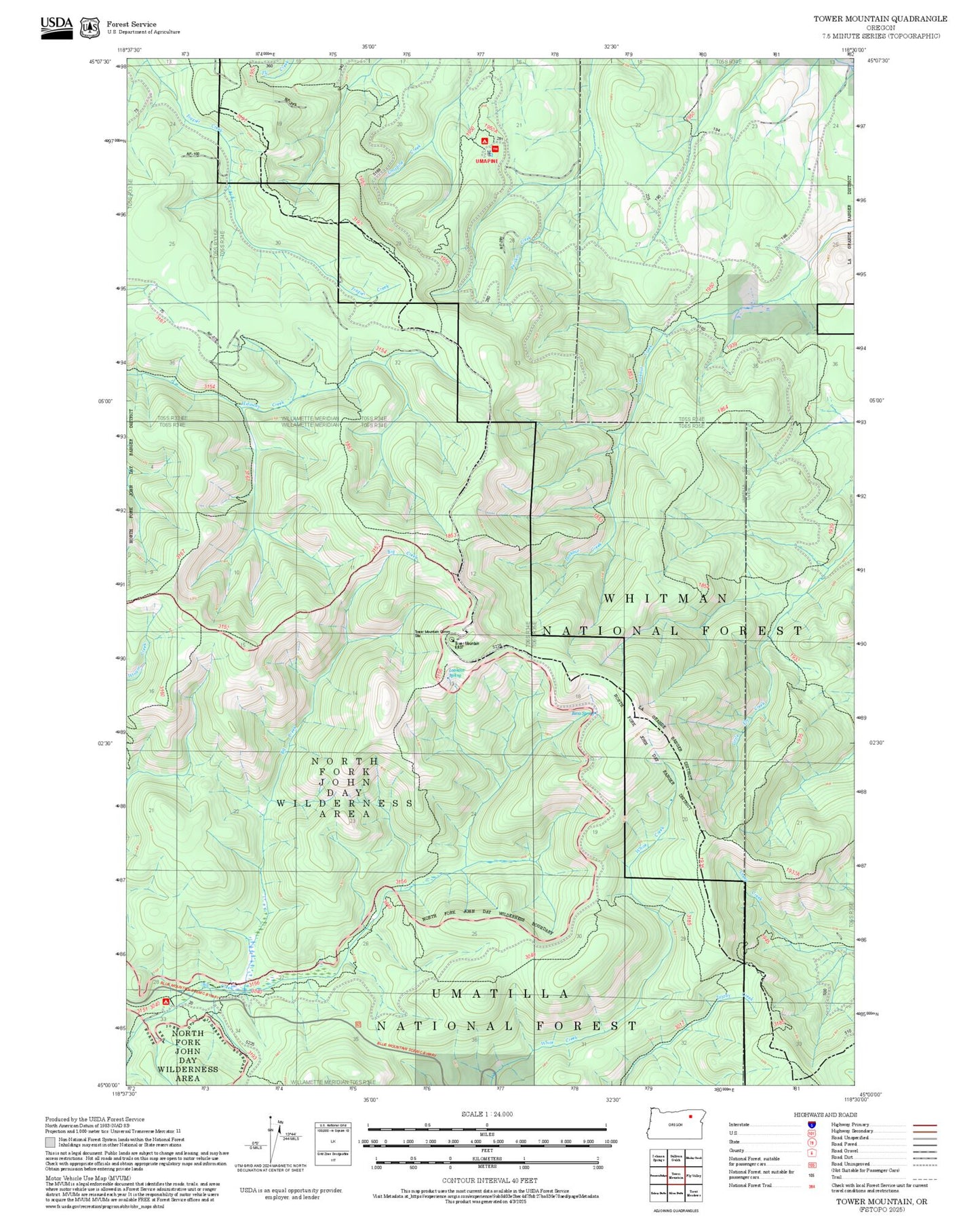 2025 Forest Service Topo Map of Tower Mountain Oregon