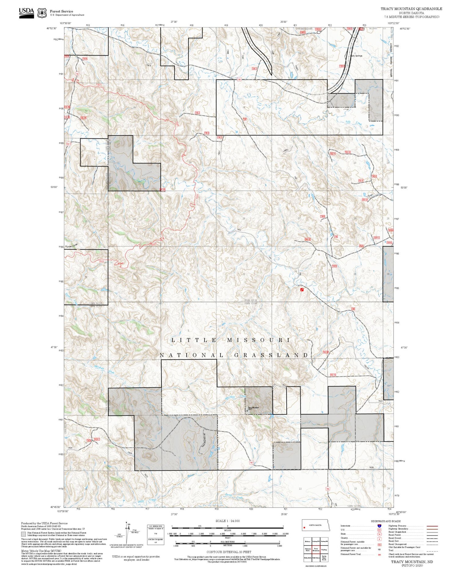 2025 Forest Service Topo Map of Tracy Mountain North Dakota