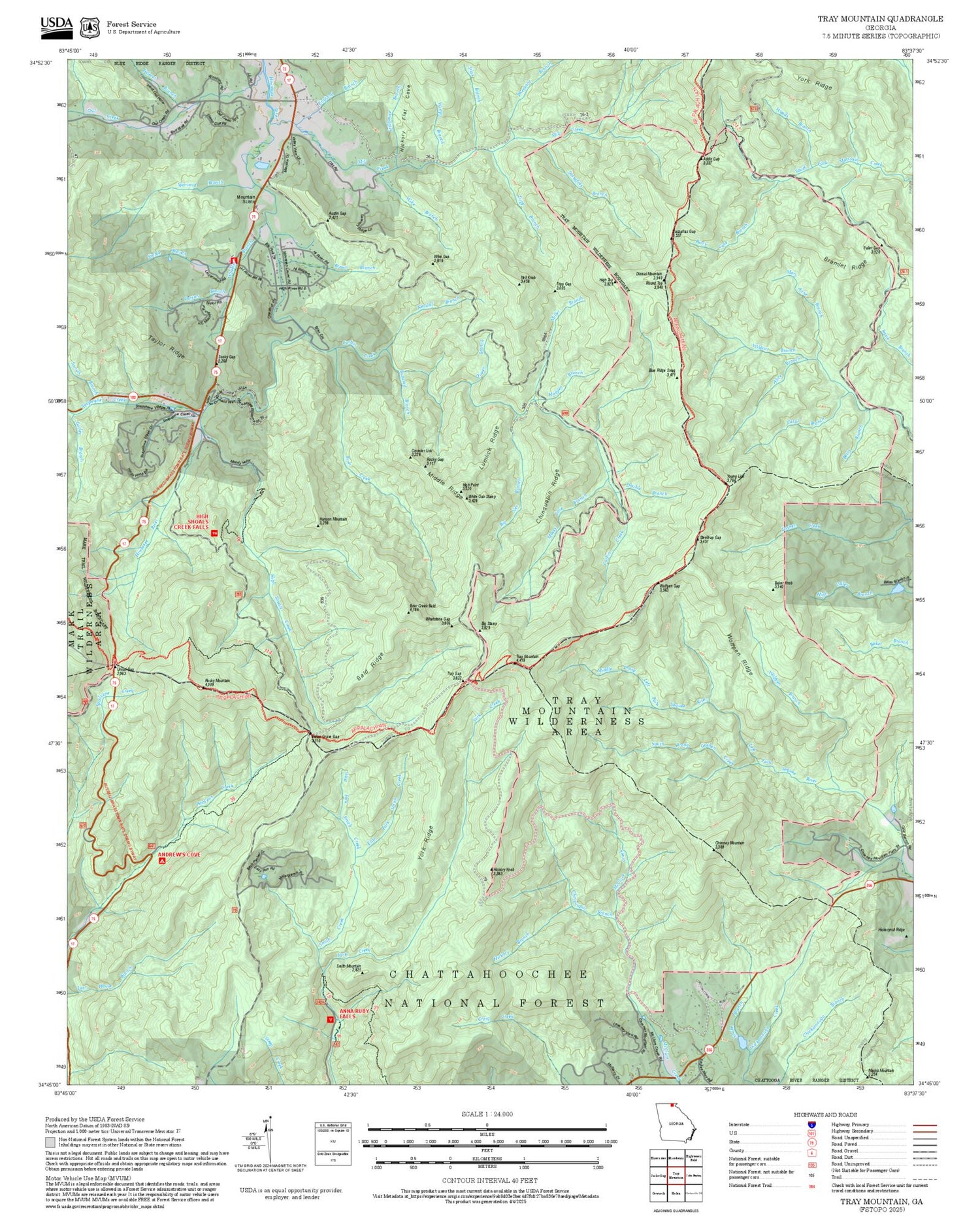2025 Forest Service Topo Map of Tray Mountain Georgia