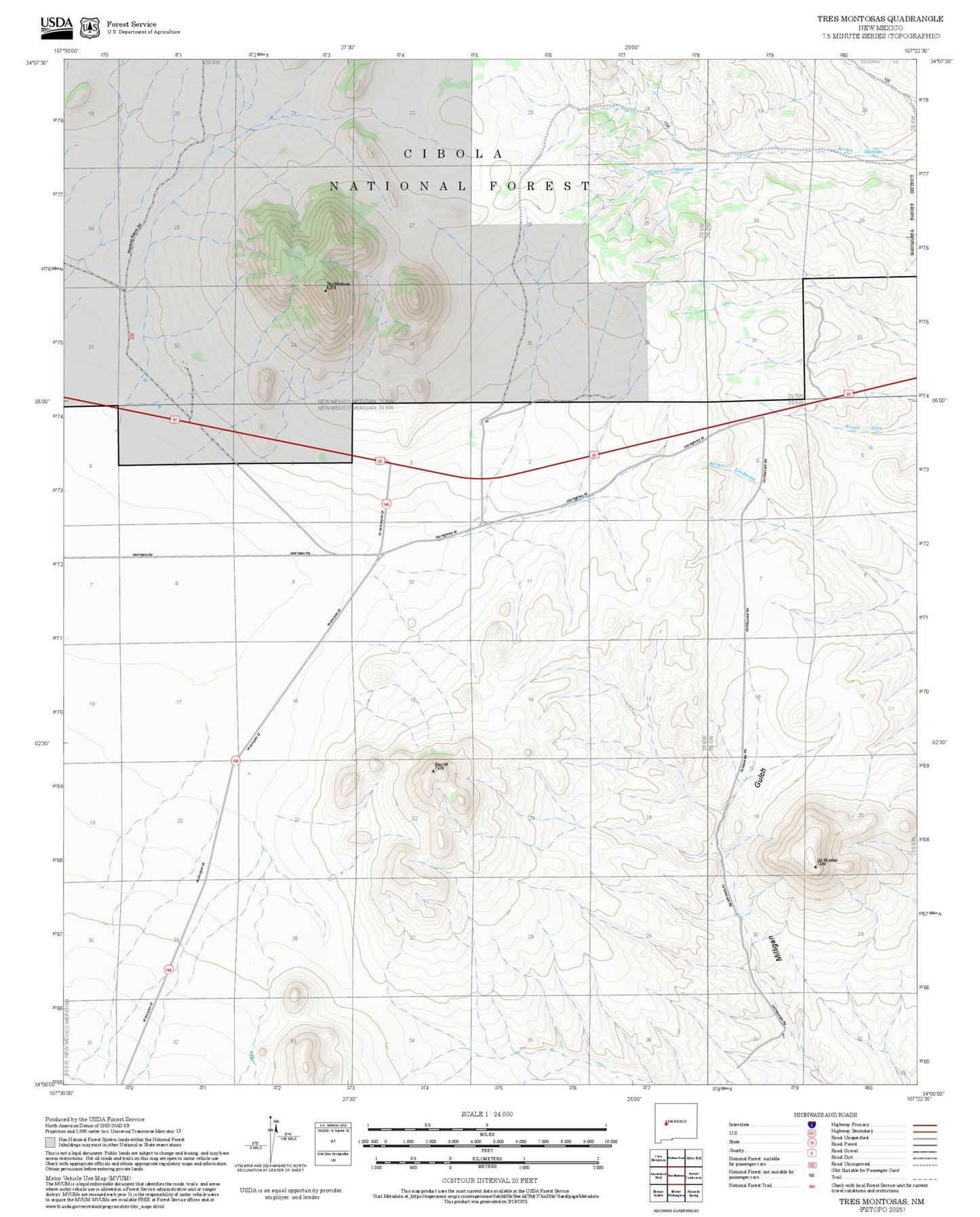 2025 Forest Service Topo Map of Tres Montosas New Mexico