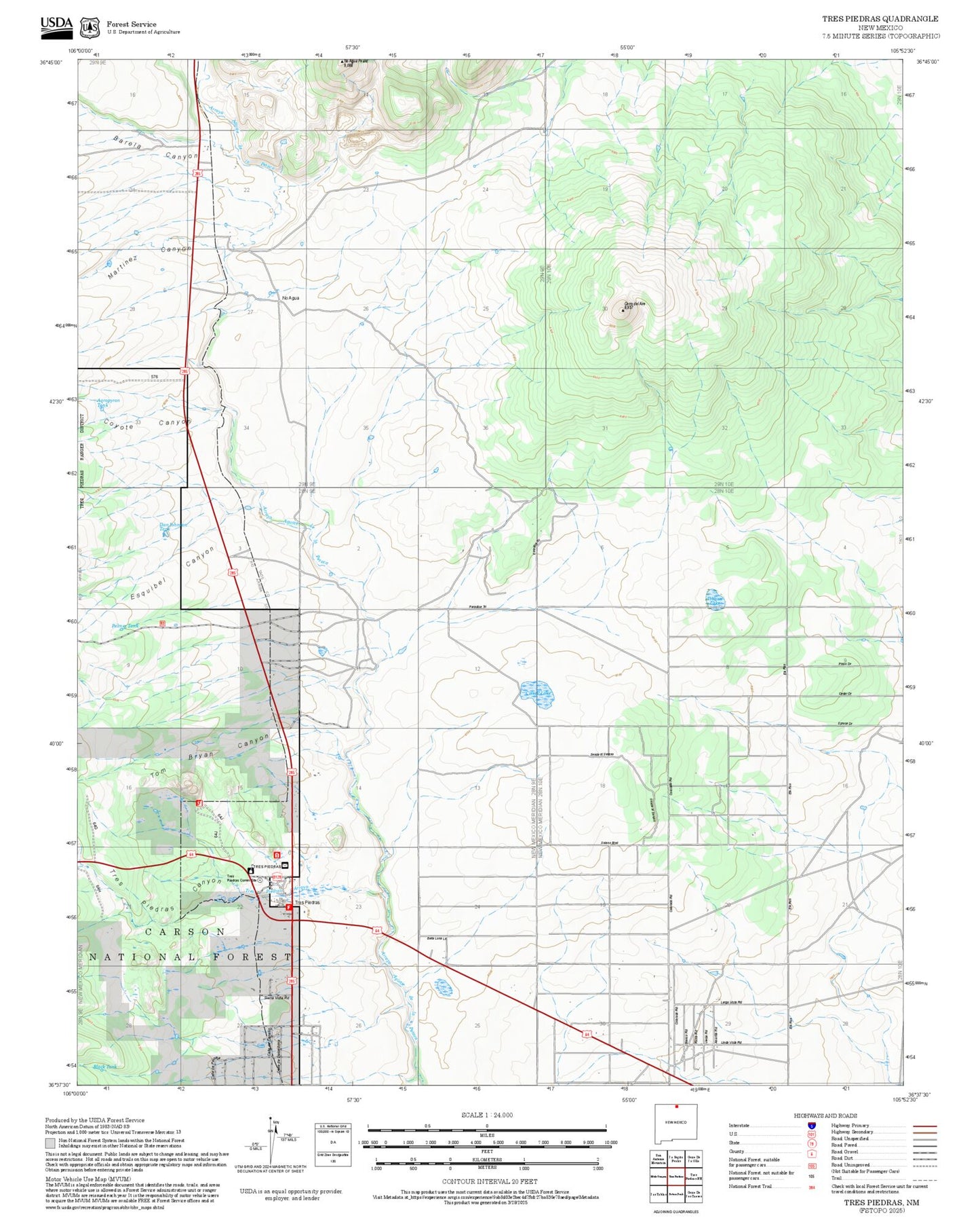 2025 Forest Service Topo Map of Tres Piedras New Mexico