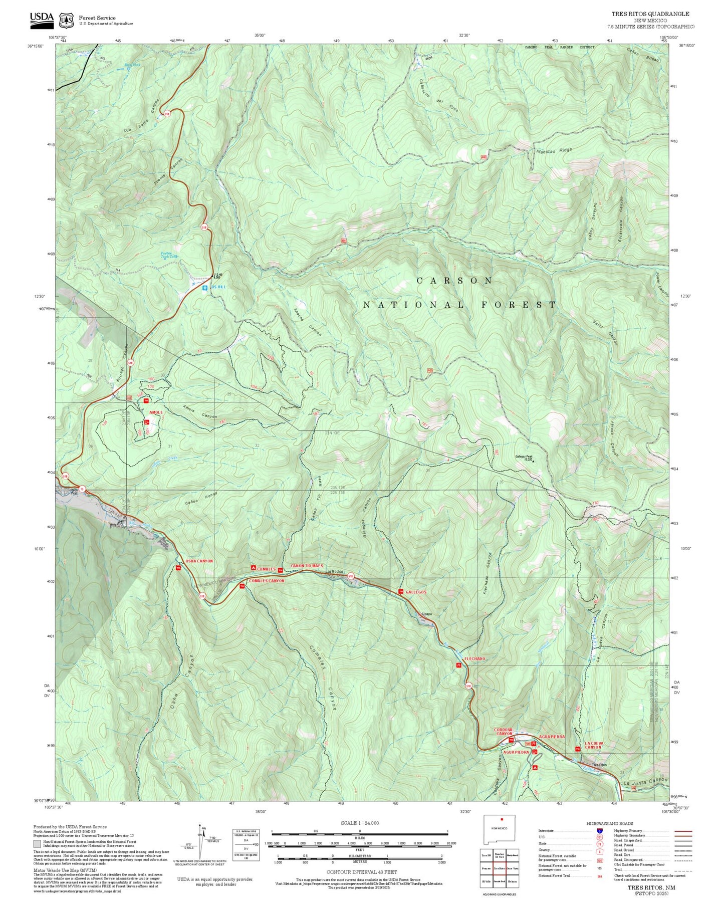 2025 Forest Service Topo Map of Tres Ritos New Mexico