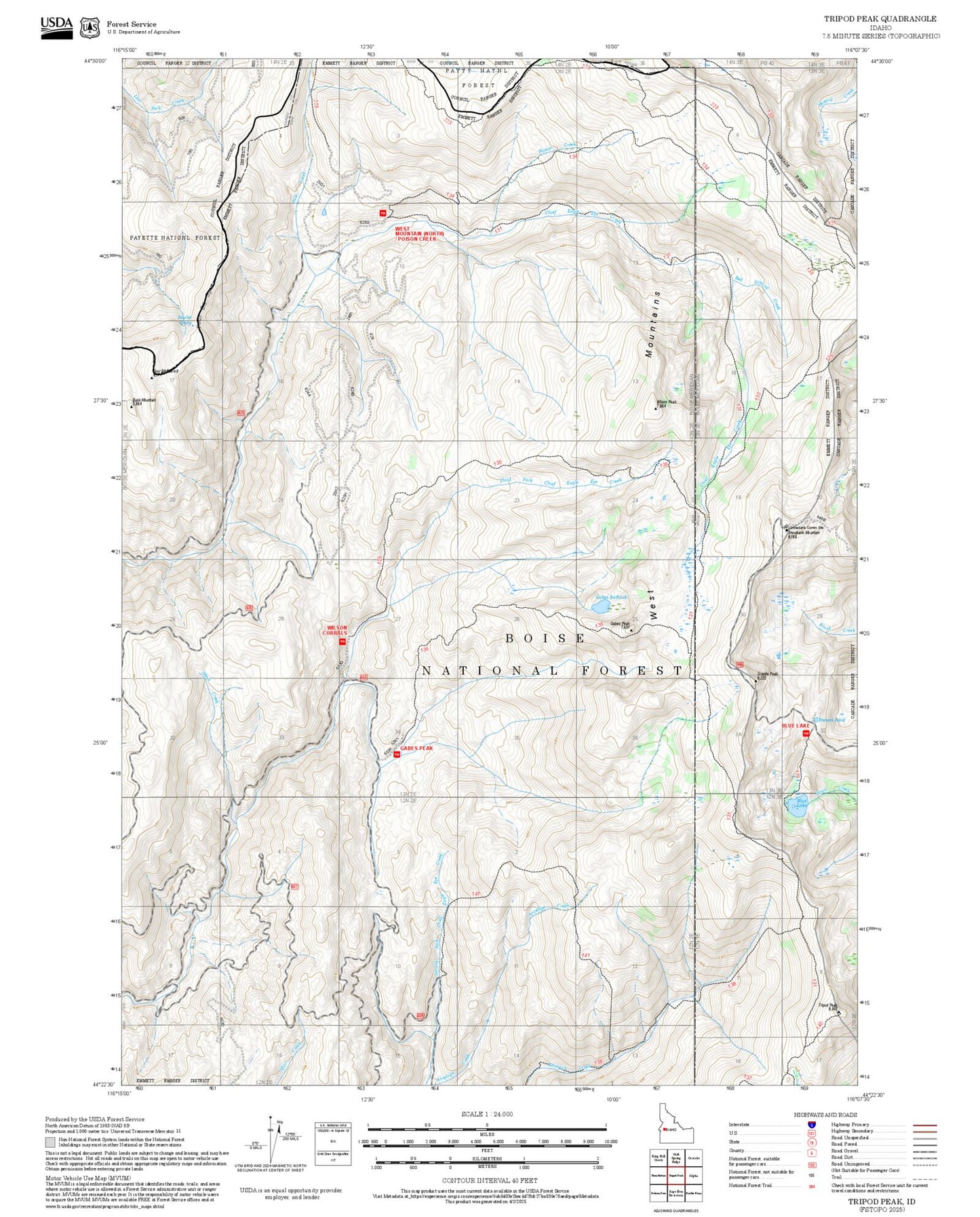 2025 Forest Service Topo Map of Tripod Peak Idaho